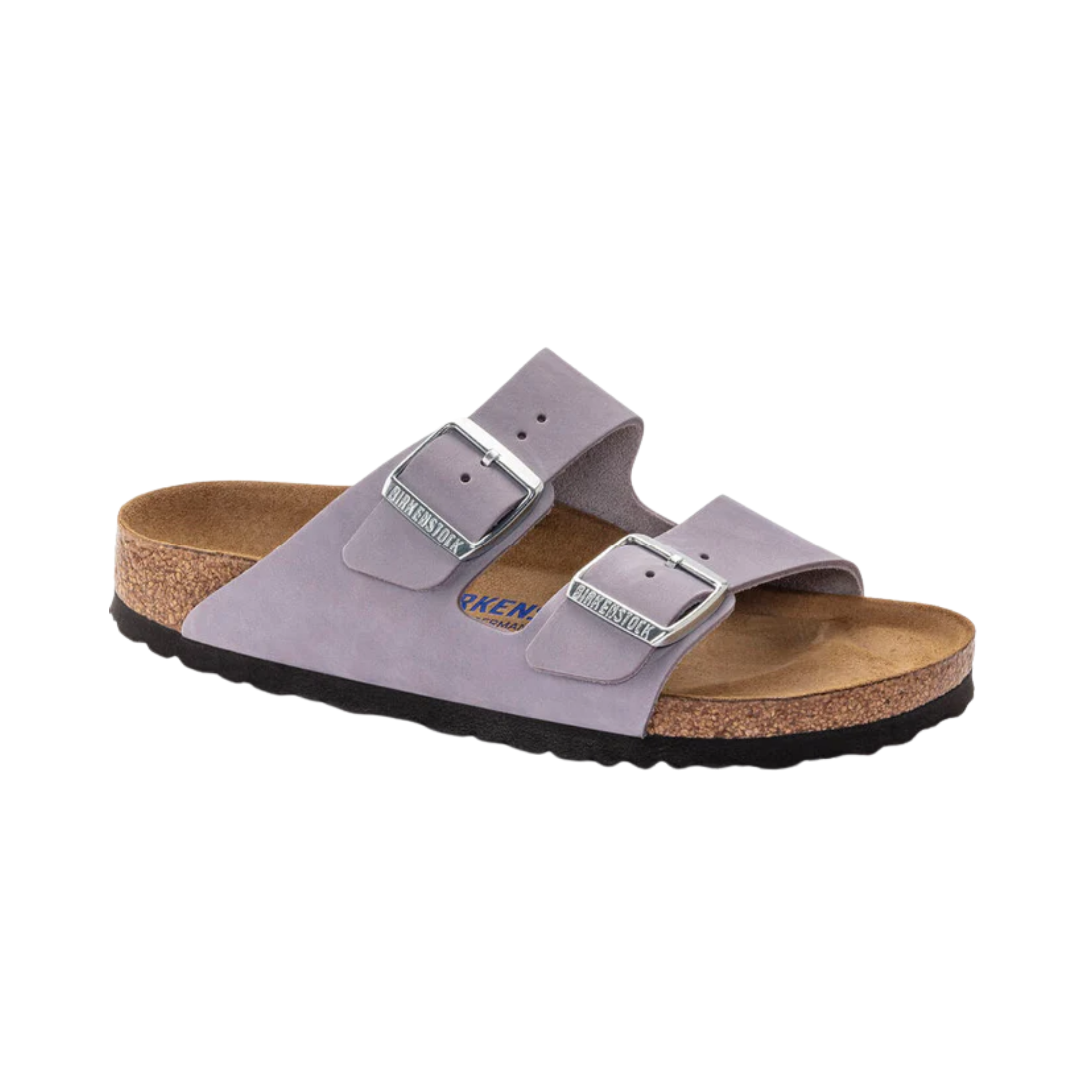 Birkenstock Women’s Arizona Soft Footbed in Purple Fog Nubuck Leather featuring a premium nubuck leather upper in a soft lavender tone, iconic dual-strap design with adjustable metal buckles, cushioned Soft Footbed with added foam layer, suede footbed lining, and lightweight EVA outsole designed for feminine style, everyday comfort, and reliable support.