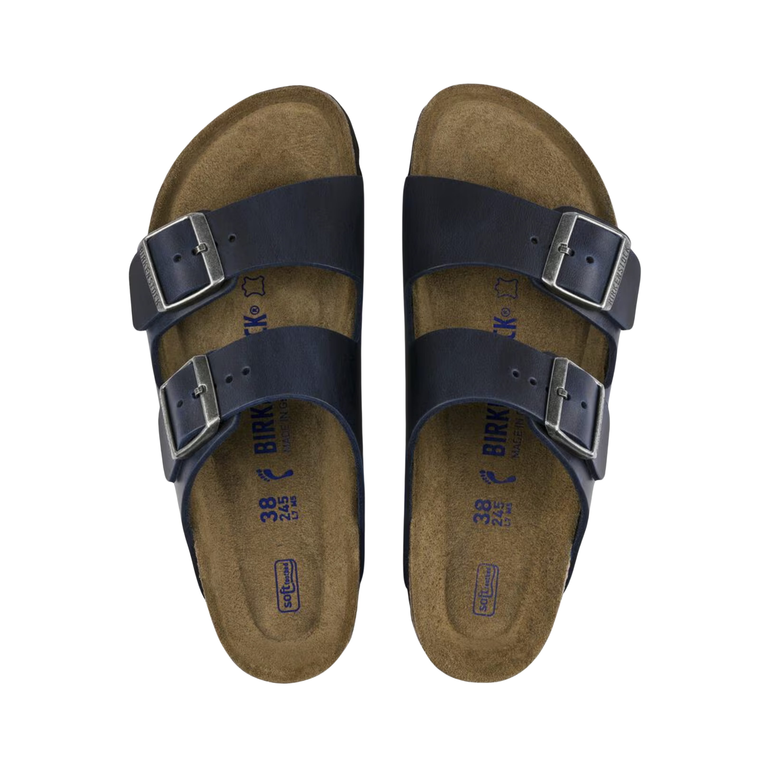 Top view of the Birkenstock Unisex Arizona Soft Footbed in Blue Oiled Leather, showing the suede footbed lining, soft footbed cushioning layer, and adjustable straps for a personalized fit.