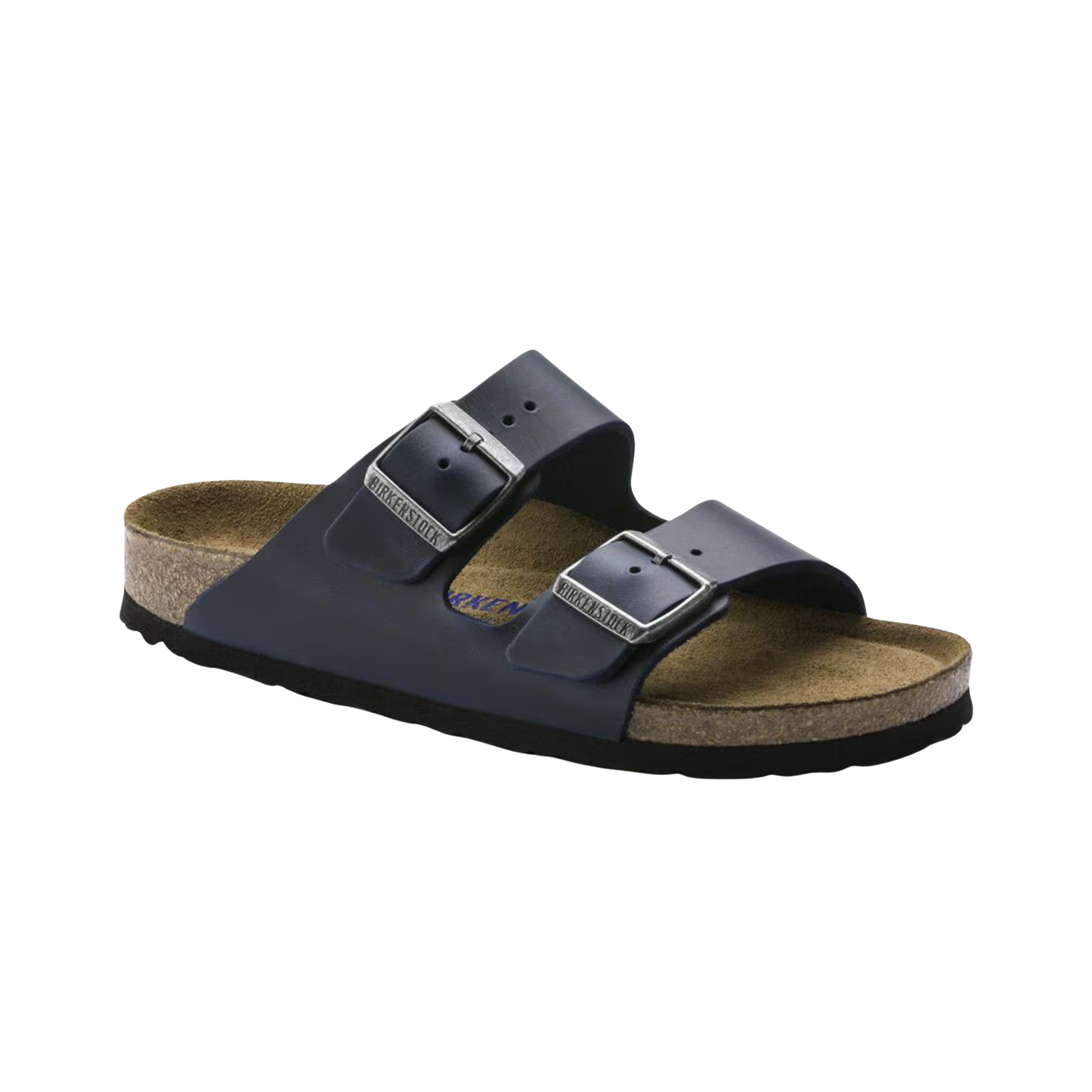 Side view of the Birkenstock Unisex Arizona Soft Footbed in Blue Oiled Leather, showing the classic two-strap design, durable oiled leather upper, and contoured cork-latex footbed for supportive everyday comfort.