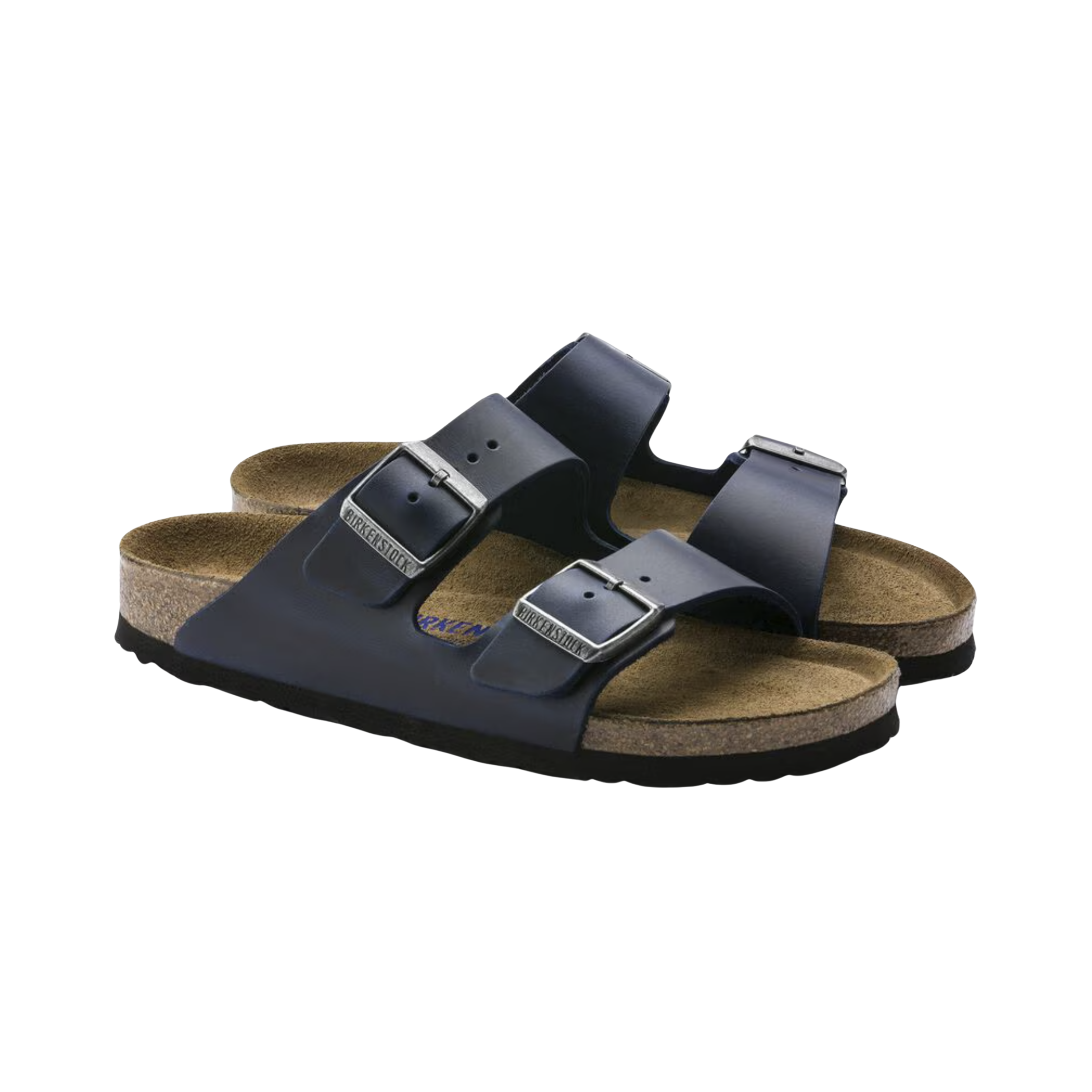 Side view of the Birkenstock Unisex Arizona Soft Footbed in Blue Oiled Leather, showing the classic two-strap design, durable oiled leather upper, and contoured cork-latex footbed for supportive everyday comfort.