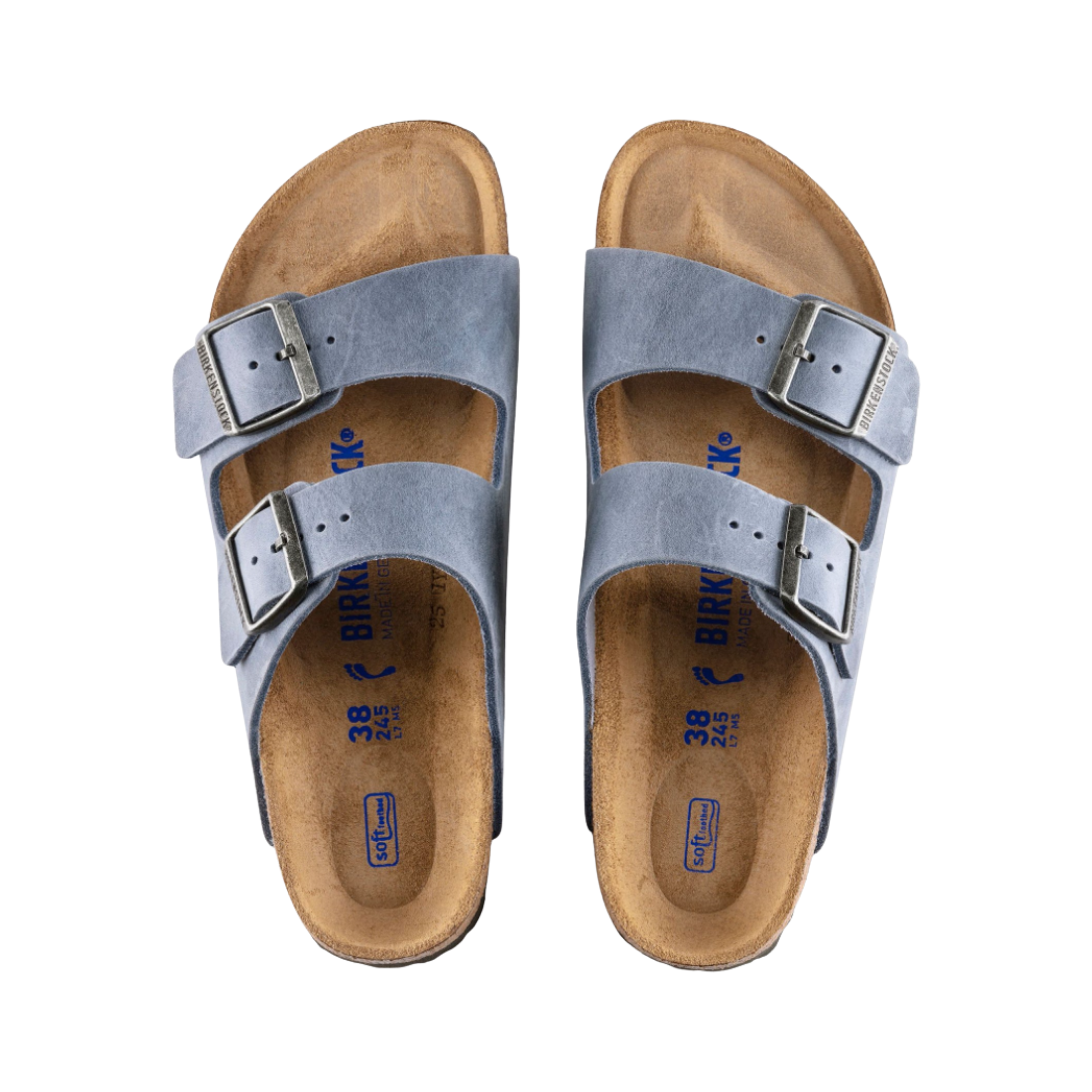 Top view of the Birkenstock Unisex Arizona Soft Footbed in Dusty Blue Oiled Leather, showing the suede footbed lining, soft footbed cushioning layer, and adjustable straps for a personalized fit.