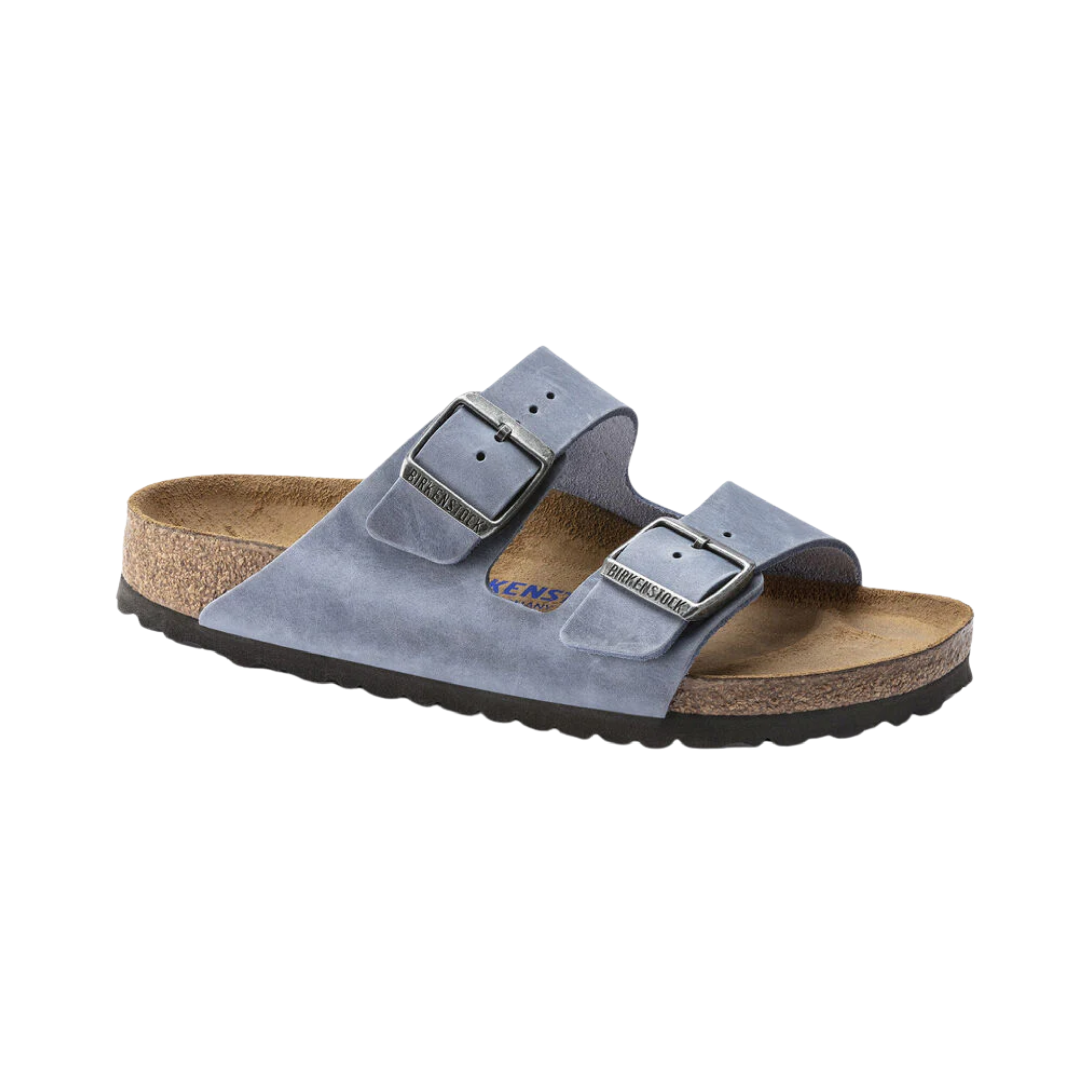 Side view of the Birkenstock Unisex Arizona Soft Footbed in Dusty Blue Oiled Leather, showing the classic two-strap design, durable oiled leather upper, and contoured cork-latex footbed for supportive everyday comfort.