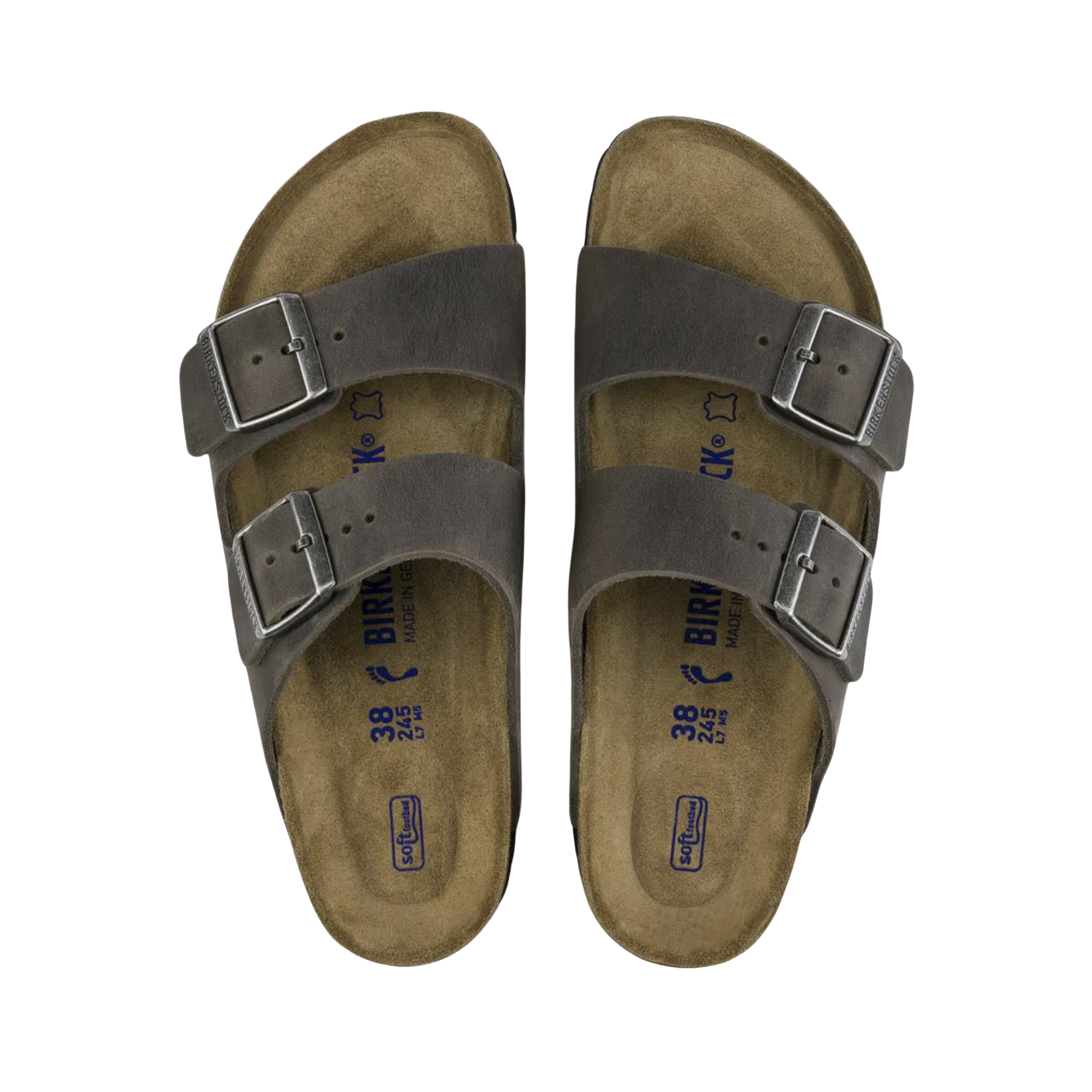 Top view of the Birkenstock Unisex Arizona Soft Footbed in Iron Oiled Leather, showing the suede footbed lining, soft footbed cushioning layer, and adjustable straps for a personalized fit.