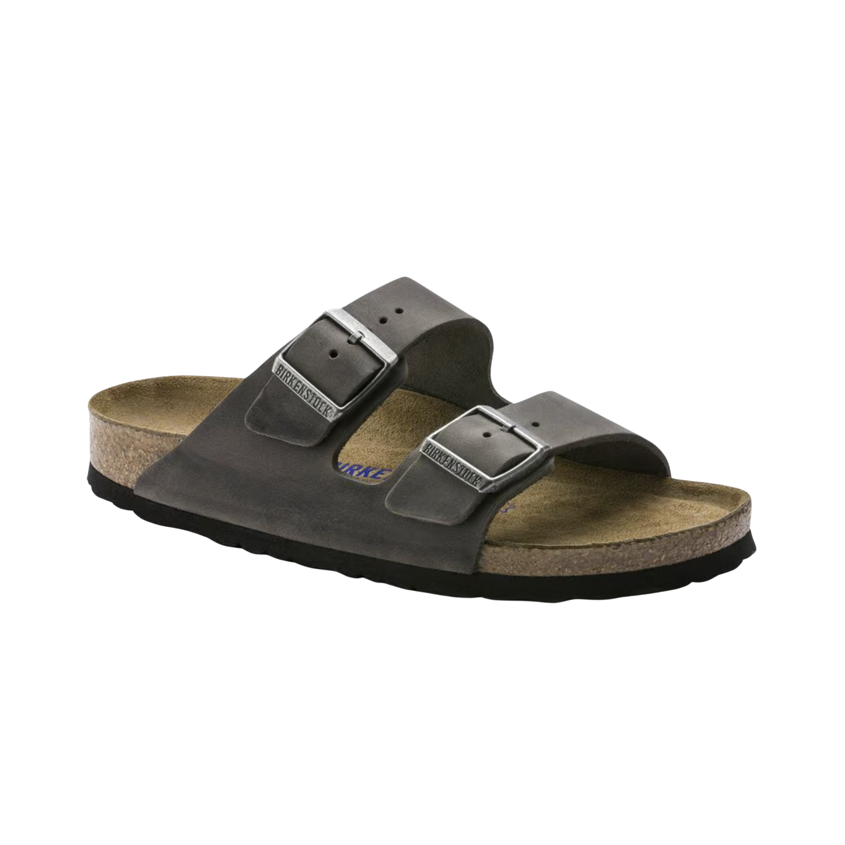 Side view of the Birkenstock Unisex Arizona Soft Footbed in Iron Oiled Leather, showing the classic two-strap design, durable oiled leather upper, and contoured cork-latex footbed for supportive everyday comfort.