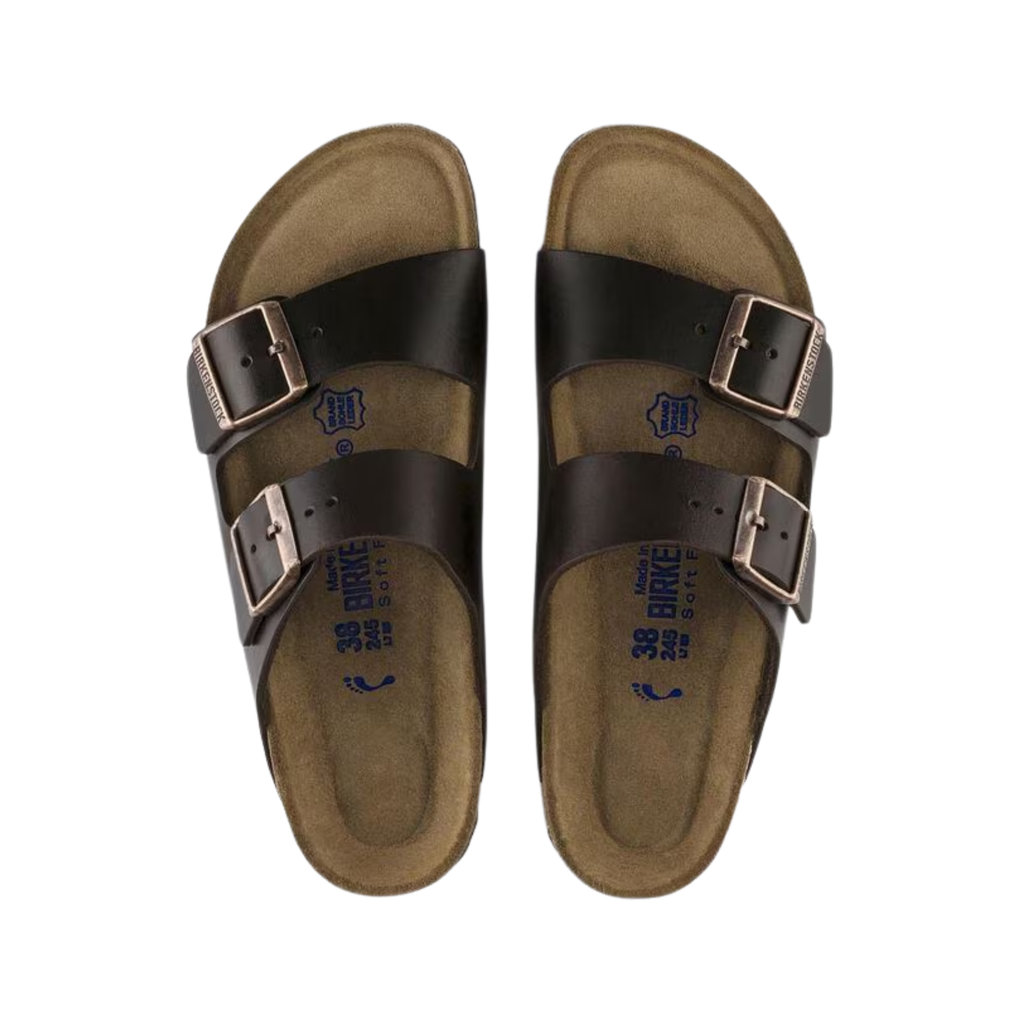 Top view of the Birkenstock Unisex Arizona in Amalfi Testa di Moro Oiled Leather displaying the premium oiled leather upper, suede footbed lining, adjustable dual buckle straps, anatomically shaped cork-latex footbed with arch and heel support, and lightweight EVA outsole designed for flexibility, traction, and support for conditions such as plantar fasciitis, flat feet, heel spurs, metatarsalgia, arthritis, joint pain, and overpronation.