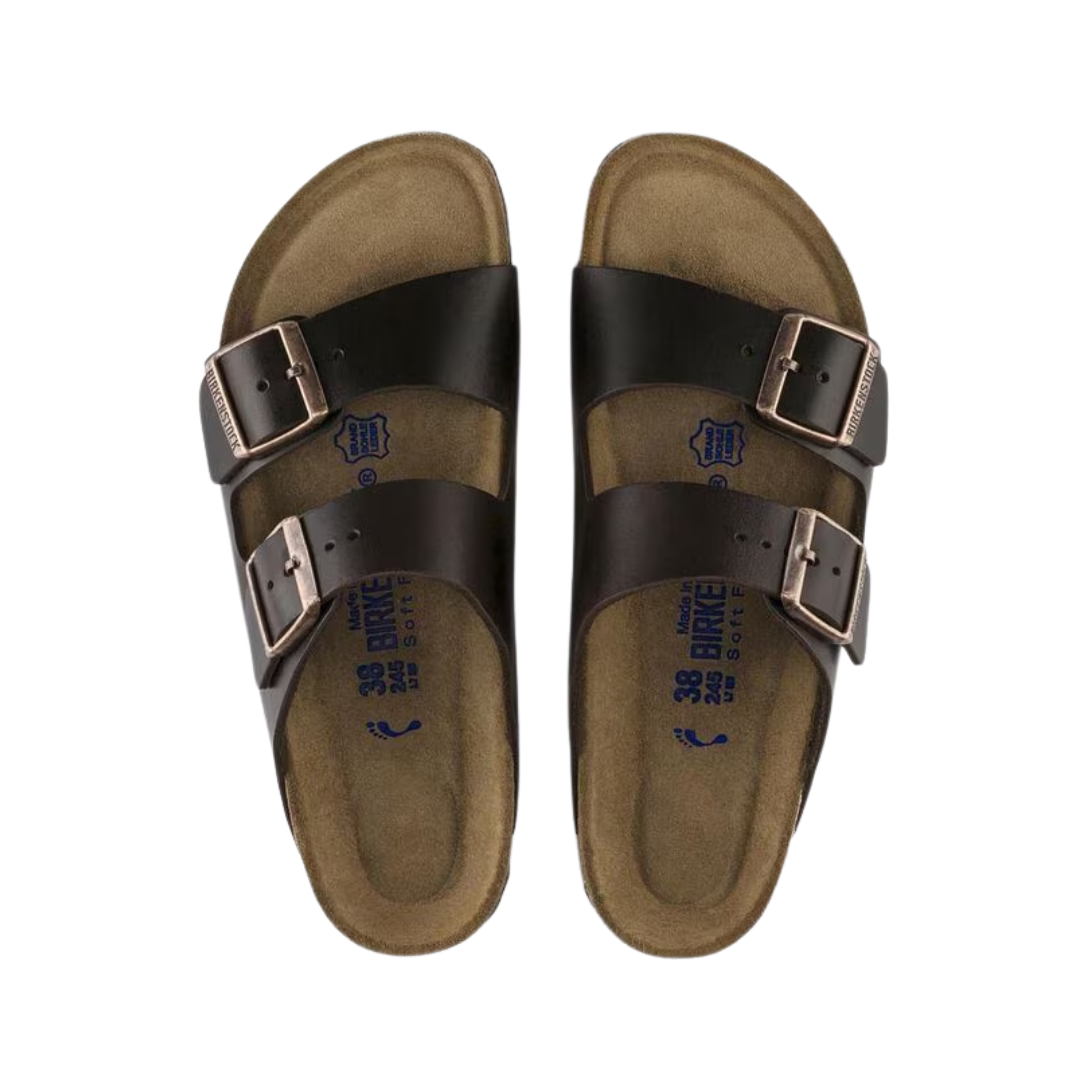 Top view of the Birkenstock Unisex Arizona in Amalfi Testa di Moro Oiled Leather displaying the premium oiled leather upper, suede footbed lining, adjustable dual buckle straps, anatomically shaped cork-latex footbed with arch and heel support, and lightweight EVA outsole designed for flexibility, traction, and support for conditions such as plantar fasciitis, flat feet, heel spurs, metatarsalgia, arthritis, joint pain, and overpronation.