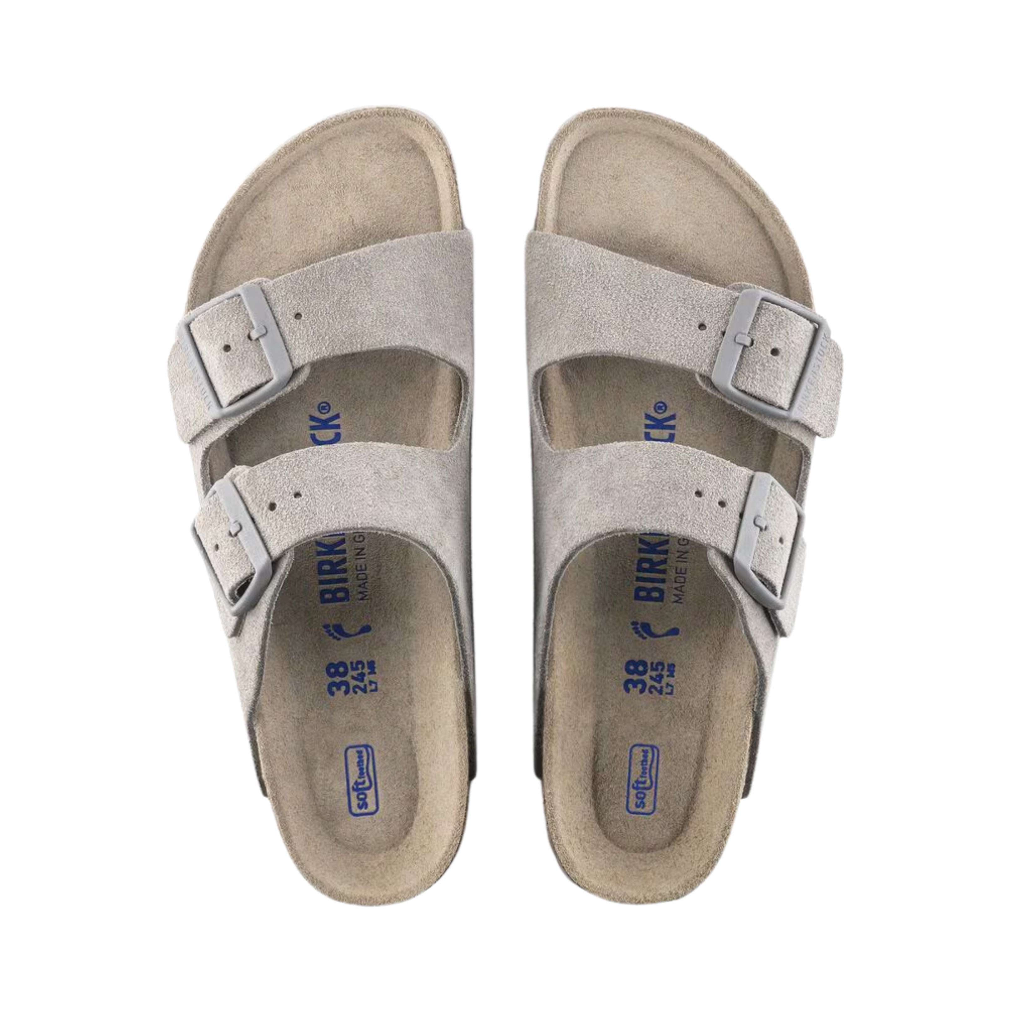 Top view of the Birkenstock Women’s Arizona Soft Footbed Suede Leather in Stone Coin, showing the dual straps, breathable suede lining, and cushioned soft footbed with extra latex padding for long-lasting comfort.