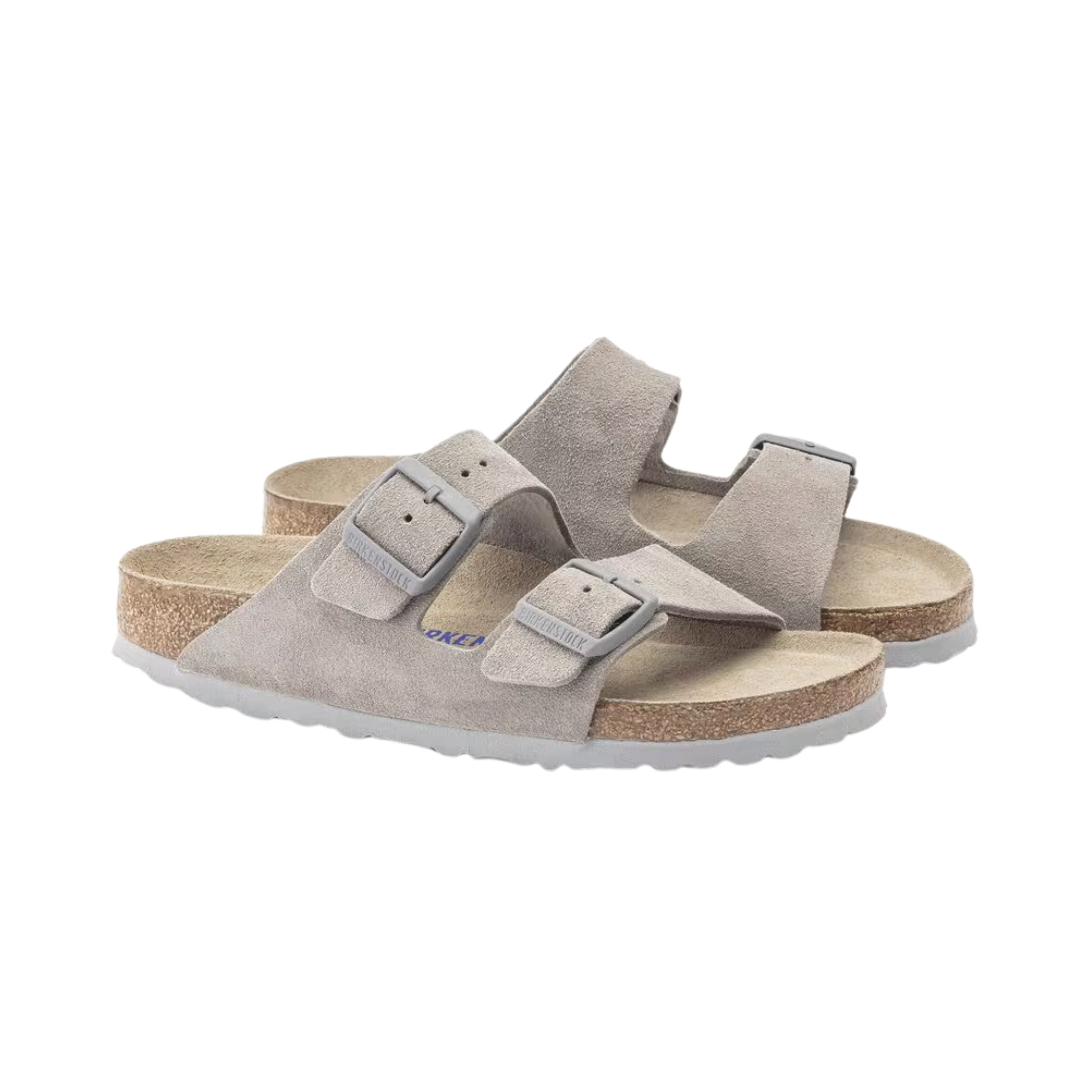 Top view of the Birkenstock Women’s Arizona Soft Footbed Suede Leather in Stone Coin, showing the dual straps, breathable suede lining, and cushioned soft footbed with extra latex padding for long-lasting comfort.