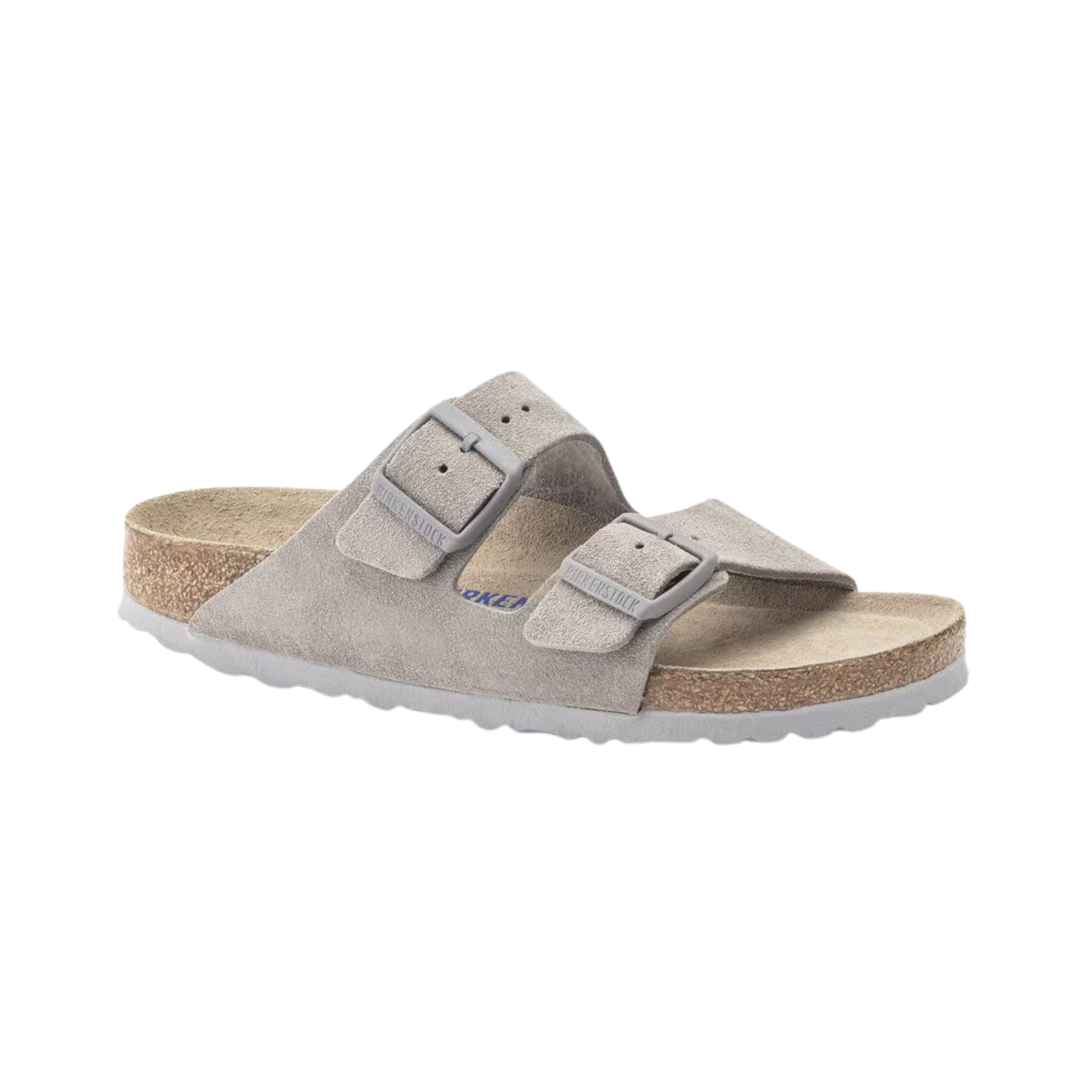 Top view of the Birkenstock Women’s Arizona Soft Footbed Suede Leather in Stone Coin, showing the dual straps, breathable suede lining, and cushioned soft footbed with extra latex padding for long-lasting comfort.