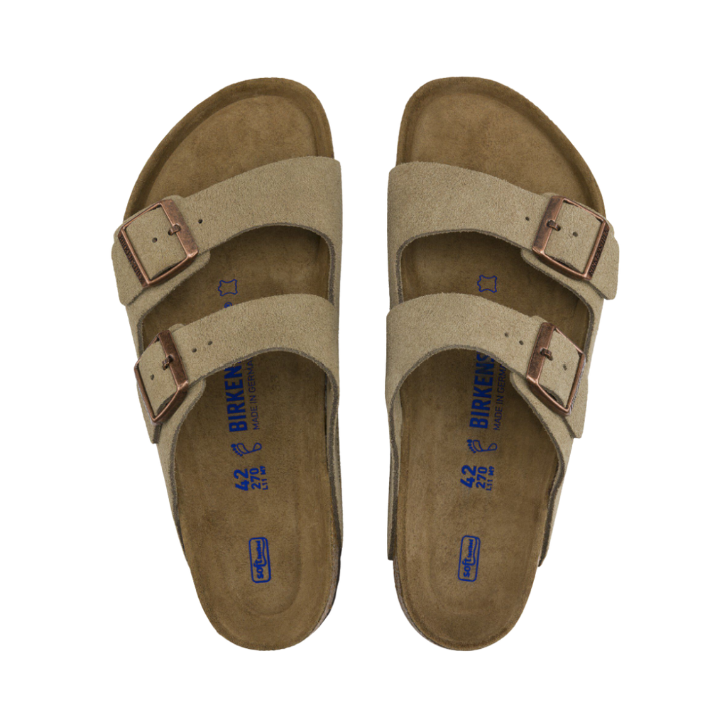 Top view of the Birkenstock Women’s Arizona Soft Footbed Suede Leather in Taupe, showing the dual straps, breathable suede lining, and cushioned soft footbed with extra latex padding for long-lasting comfort.