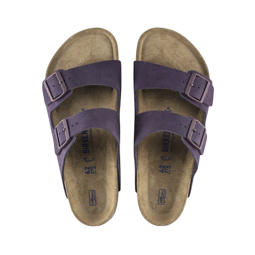 Top view of the Birkenstock Arizona in Wine Suede Leather displaying the premium suede leather upper, adjustable dual buckle straps, anatomically shaped cork-latex footbed with arch support, deep heel cup, raised toe bar, and lightweight EVA outsole designed for flexibility, traction, and support for conditions such as plantar fasciitis, flat feet, heel spurs, overpronation, metatarsalgia, and general foot fatigue.