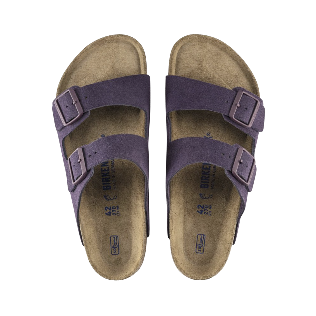Top view of the Birkenstock Arizona in Wine Suede Leather displaying the premium suede leather upper, adjustable dual buckle straps, anatomically shaped cork-latex footbed with arch support, deep heel cup, raised toe bar, and lightweight EVA outsole designed for flexibility, traction, and support for conditions such as plantar fasciitis, flat feet, heel spurs, overpronation, metatarsalgia, and general foot fatigue.