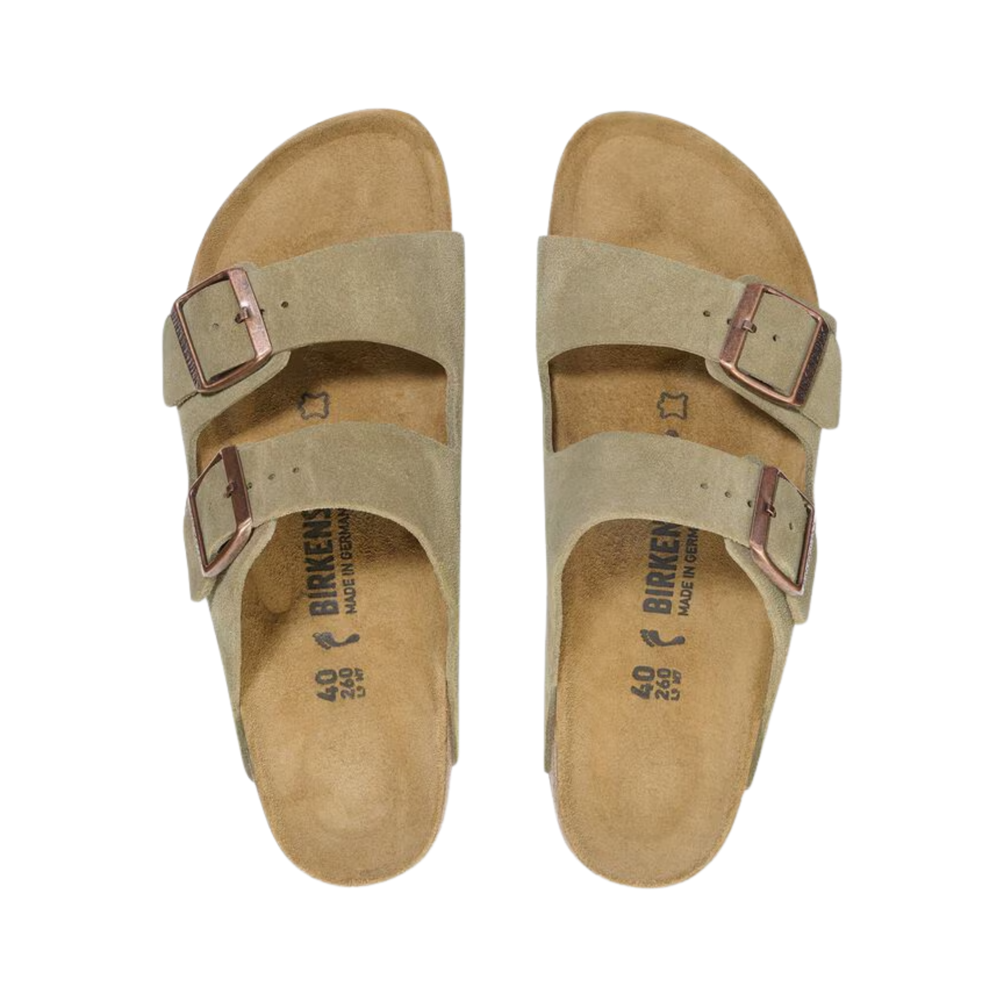 Top view of the Birkenstock Arizona in Taupe Suede Leather displaying the premium suede leather upper, adjustable dual buckle straps, anatomically shaped cork-latex footbed with arch support, deep heel cup, raised toe bar, and lightweight EVA outsole designed for flexibility, traction, and support for conditions such as plantar fasciitis, flat feet, heel spurs, overpronation, metatarsalgia, and general foot fatigue.
