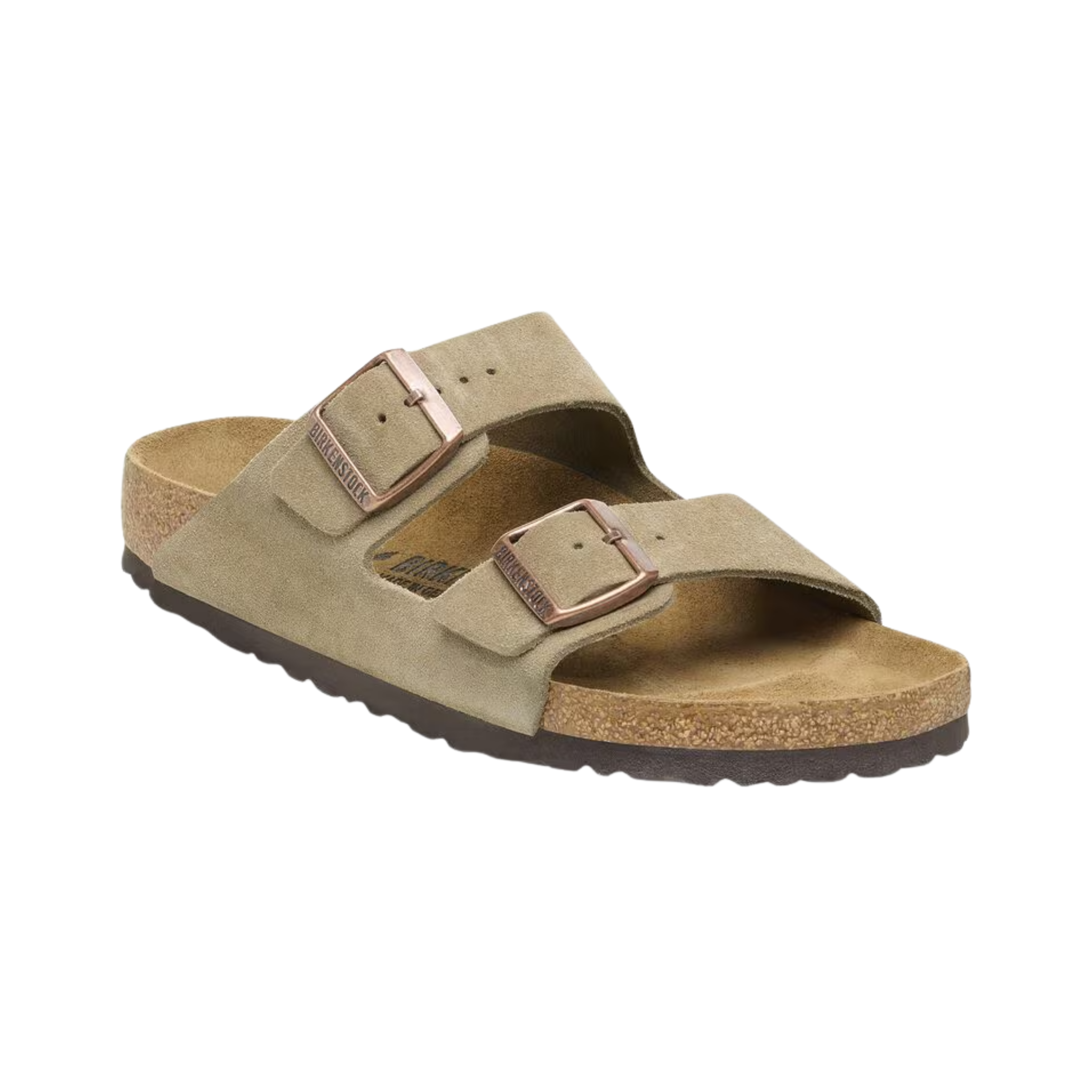Birkenstock Arizona in Taupe Suede Leather featuring a premium suede leather upper in a versatile taupe color, iconic dual-strap design with adjustable metal buckles, anatomically shaped cork-latex footbed, and lightweight EVA outsole designed for timeless style, lasting comfort, and everyday support.