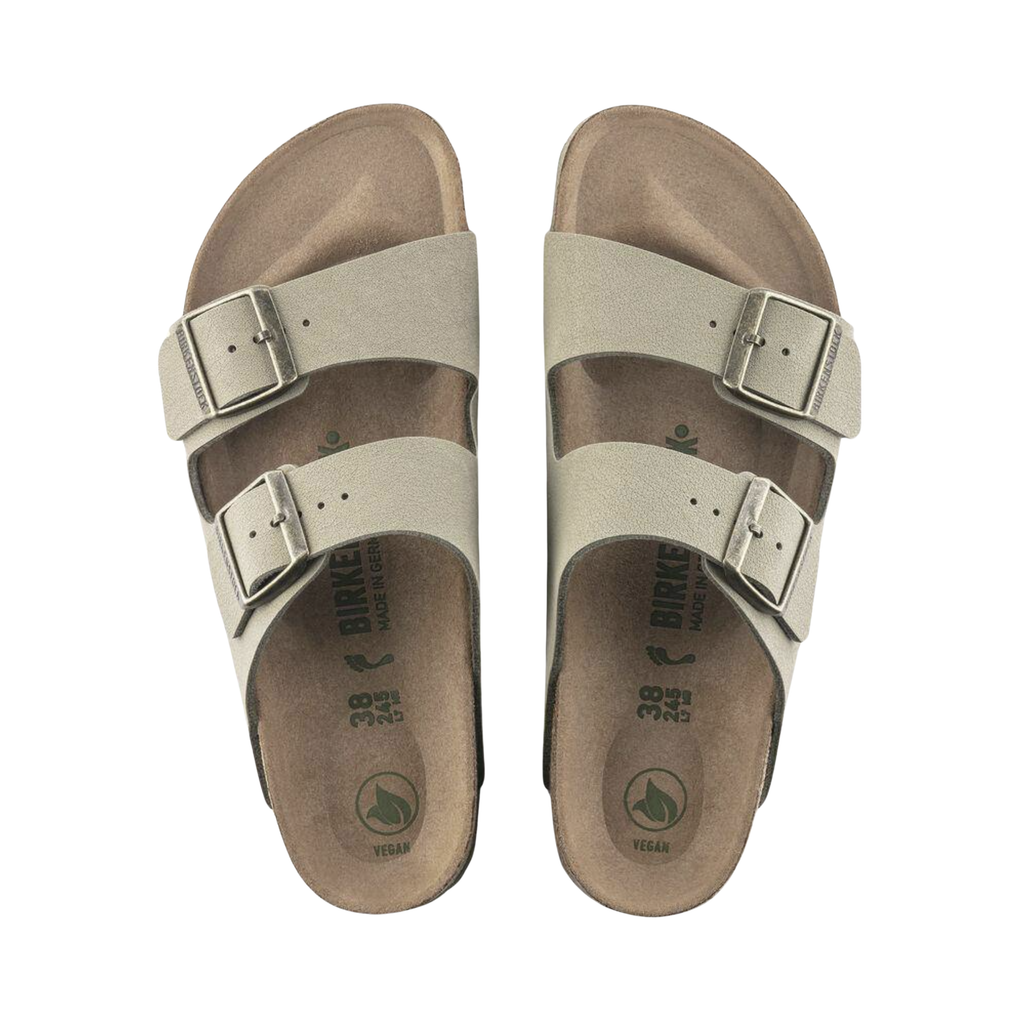 Top view of the Birkenstock Women’s Arizona Vegan Birkibuc in Khaki, showing the adjustable straps, cushioned cork-latex footbed, and built-in arch support for a secure, personalized fit.