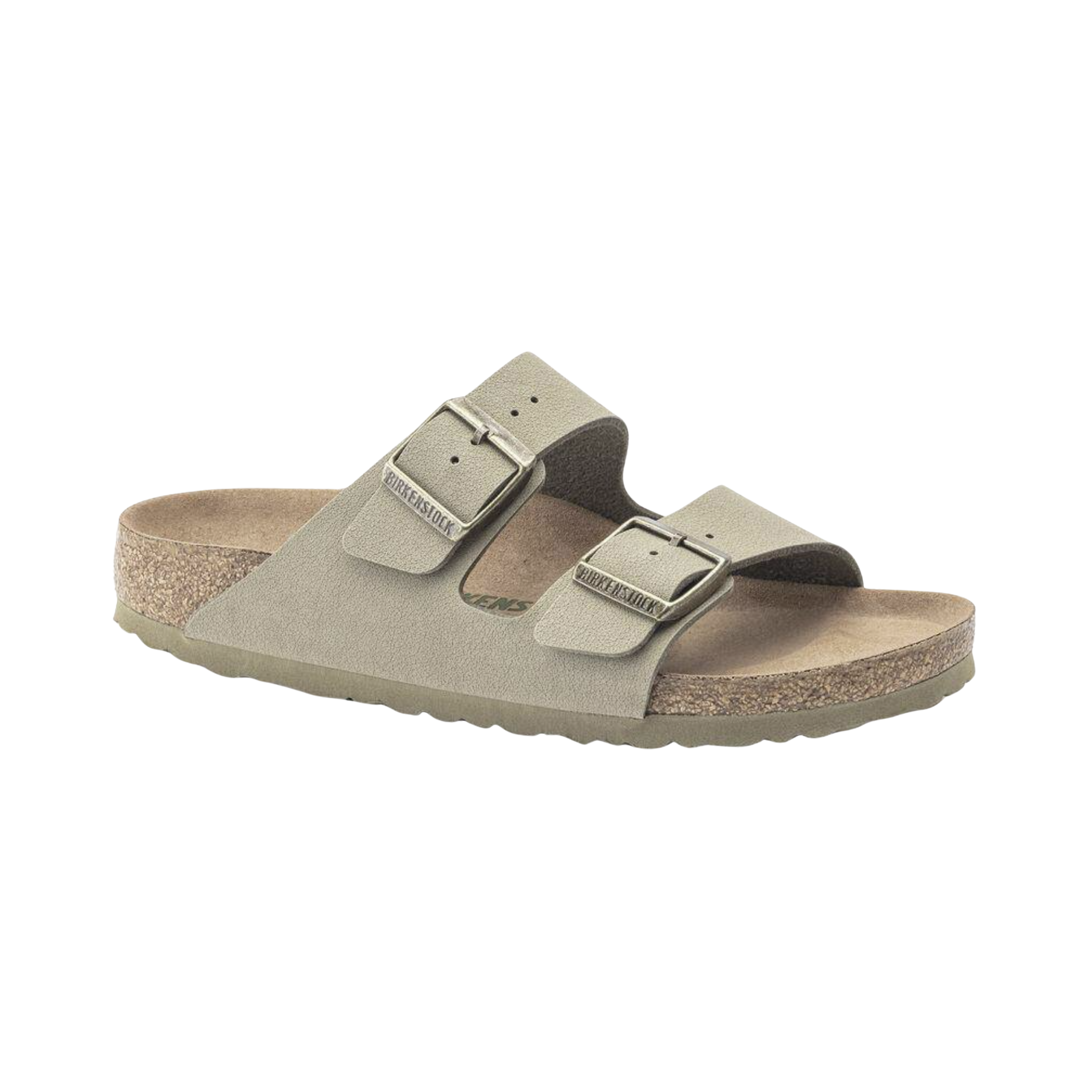 Side view of the Birkenstock Women’s Arizona Vegan Birkibuc in Khaki, showing the dual adjustable straps with color-matched buckles, soft Birkibuc upper, and anatomically shaped cork-latex footbed for customized comfort and support.