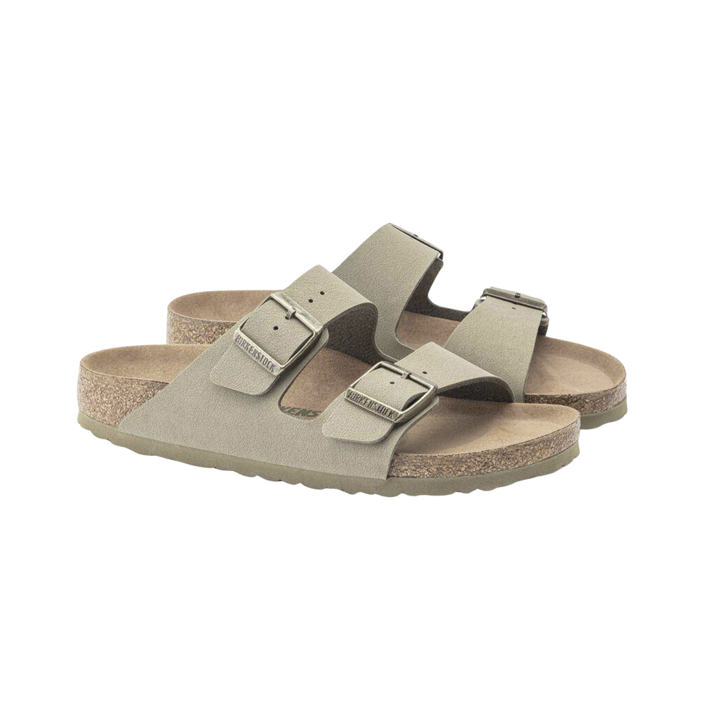 Side view of the Birkenstock Women’s Arizona Vegan Birkibuc in Khaki, showing the dual adjustable straps with color-matched buckles, soft Birkibuc upper, and anatomically shaped cork-latex footbed for customized comfort and support.
