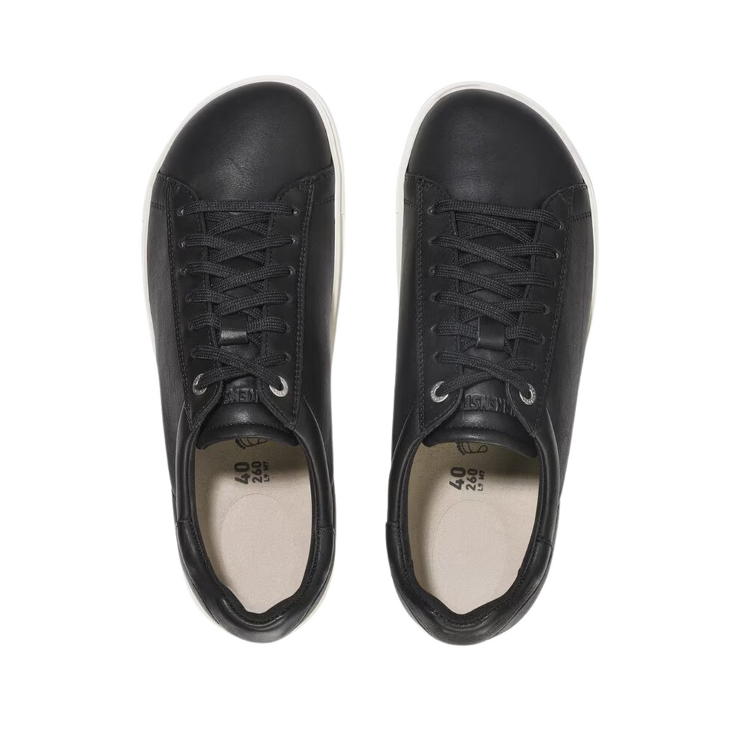 Top view of the Birkenstock Women’s Bend Low in Black Leather displaying the smooth leather upper, lace-up closure, padded tongue, microfiber lining, and removable cork-latex footbed designed for breathable comfort, arch support, and custom orthotic compatibility.