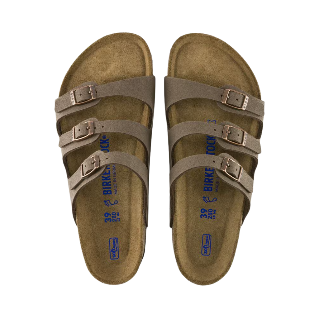 Top view of the Birkenstock Women’s Florida Soft Footbed in Mocha Birkibuc displaying the premium Birkibuc upper, three adjustable metal buckle straps, breathable suede footbed lining, anatomically shaped cork-latex Soft Footbed with arch support and deep heel cup, and lightweight EVA outsole designed for flexibility, traction, and support for conditions such as plantar fasciitis, flat feet, metatarsalgia, heel pain, heel spurs, overpronation, and general foot fatigue.