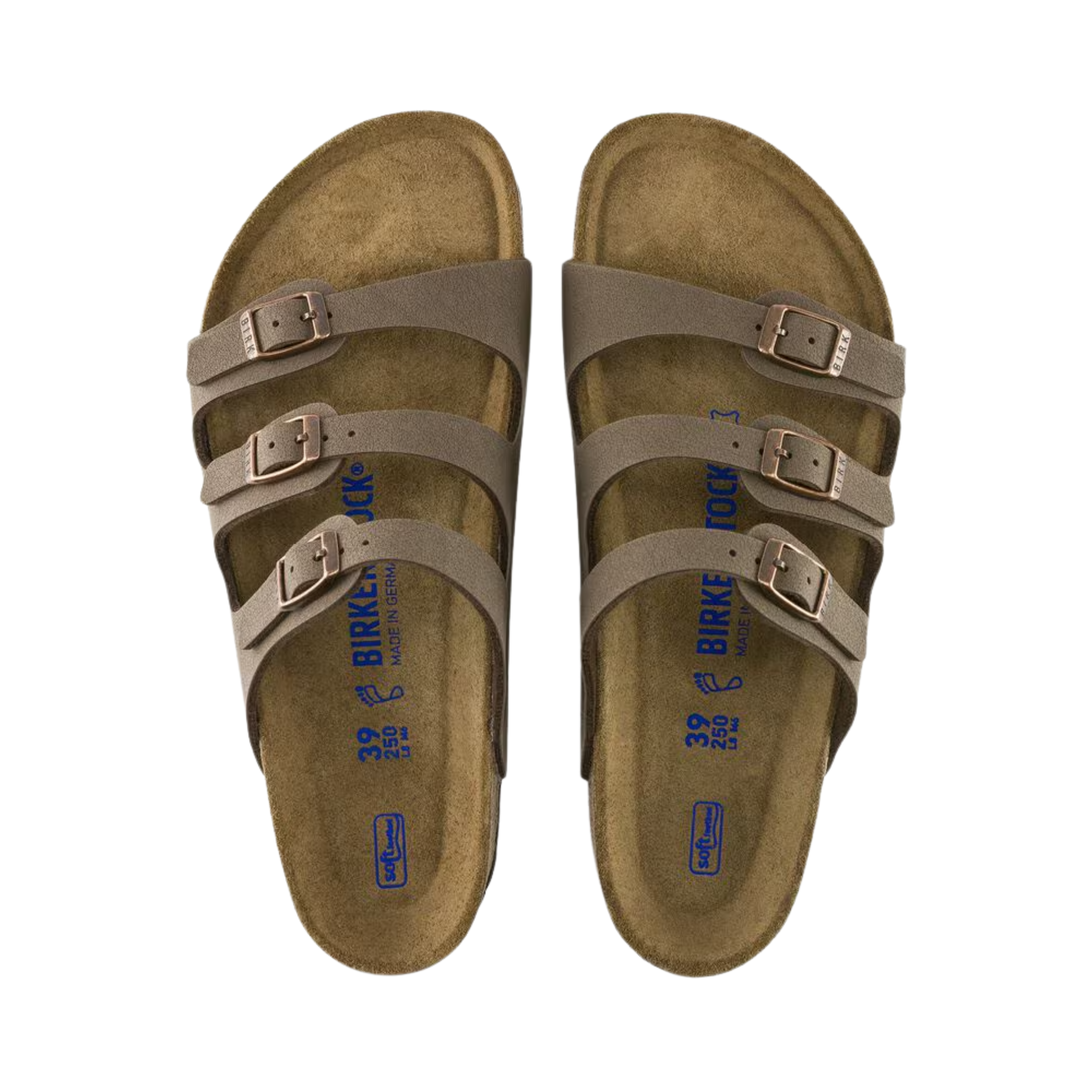 Top view of the Birkenstock Women’s Florida Soft Footbed in Mocha Birkibuc displaying the premium Birkibuc upper, three adjustable metal buckle straps, breathable suede footbed lining, anatomically shaped cork-latex Soft Footbed with arch support and deep heel cup, and lightweight EVA outsole designed for flexibility, traction, and support for conditions such as plantar fasciitis, flat feet, metatarsalgia, heel pain, heel spurs, overpronation, and general foot fatigue.