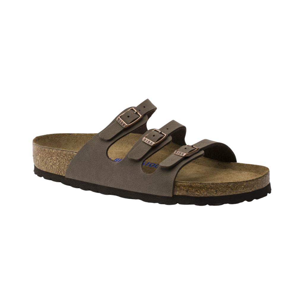 Birkenstock Women’s Florida Soft Footbed in Mocha Birkibuc featuring a premium Birkibuc upper in a warm mocha color, three adjustable straps with metal buckles, cushioned Soft Footbed with an added foam layer, anatomically shaped cork-latex footbed, and lightweight EVA outsole designed for secure comfort, stability, and everyday support.