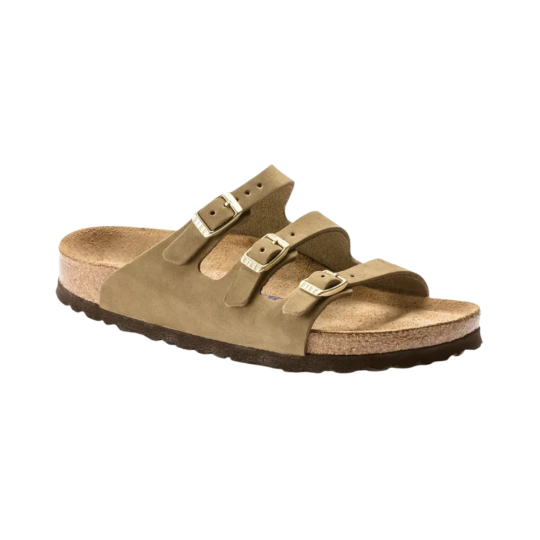Birkenstock Women’s Florida Soft Footbed in Khaki Nubuck Leather featuring a premium nubuck leather upper in a versatile khaki color, three adjustable straps with metal buckles, cushioned Soft Footbed with an added foam layer, anatomically shaped cork-latex footbed, and lightweight EVA outsole designed for everyday comfort, stability, and timeless style.