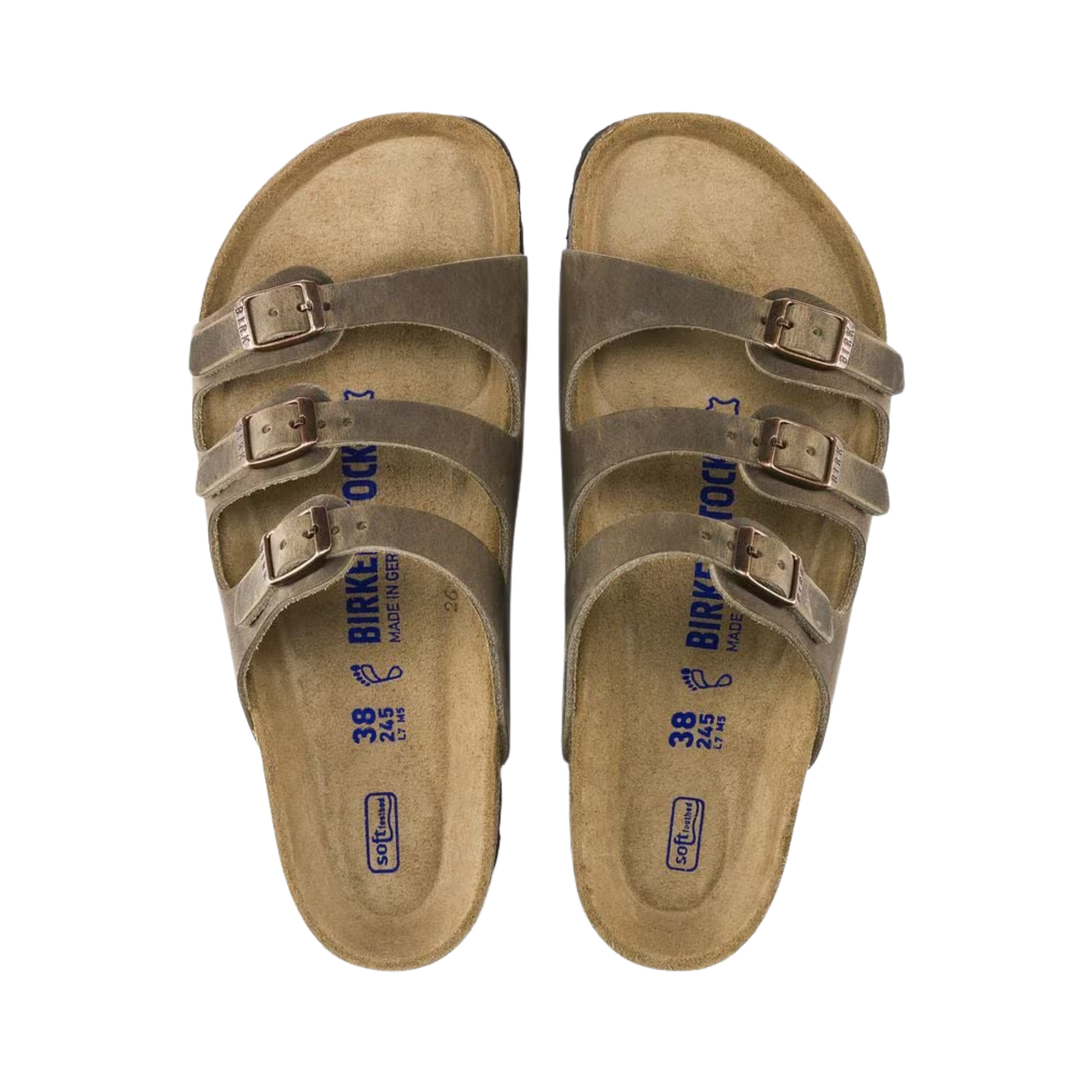 Top view of the Birkenstock Women’s Florida Soft Footbed in Tobacco Brown Oiled Leather displaying the premium oiled leather upper, three adjustable metal buckle straps, breathable suede footbed lining, anatomically shaped cork-latex Soft Footbed with arch support and deep heel cup, and lightweight EVA outsole designed for flexibility, traction, and support for conditions such as plantar fasciitis, flat feet, metatarsalgia, heel pain, heel spurs, overpronation, and general foot fatigue.