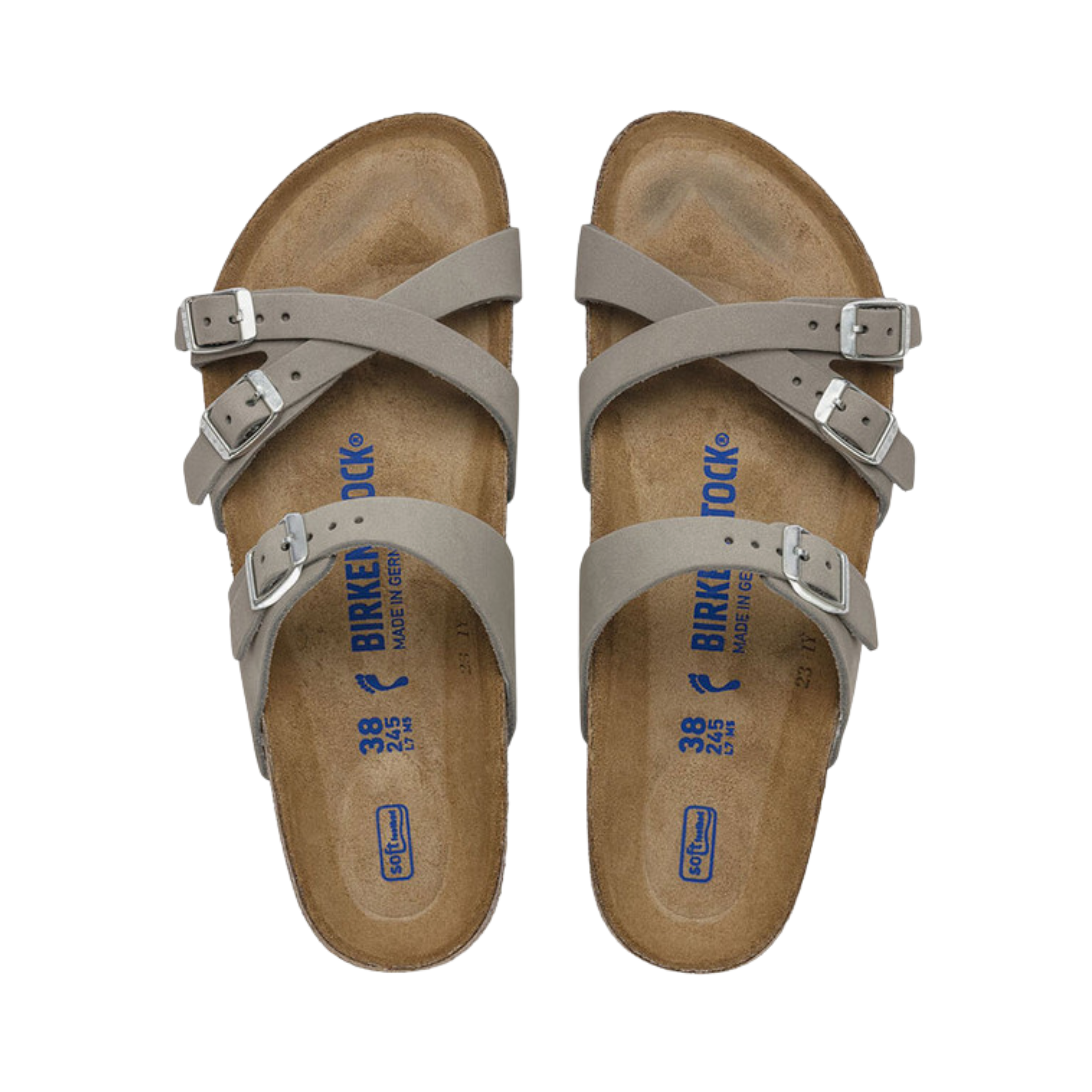 Top view of the Birkenstock Women’s Franca Soft Footbed in Dove Grey Nubuck Leather displaying the premium nubuck leather crisscross straps, adjustable metal buckles, breathable suede footbed lining, anatomically shaped cork-latex Soft Footbed with arch support and heel cushioning, and lightweight EVA outsole designed for flexibility, traction, and support for conditions such as plantar fasciitis, flat feet, metatarsalgia, overpronation, heel spurs, and general foot fatigue.