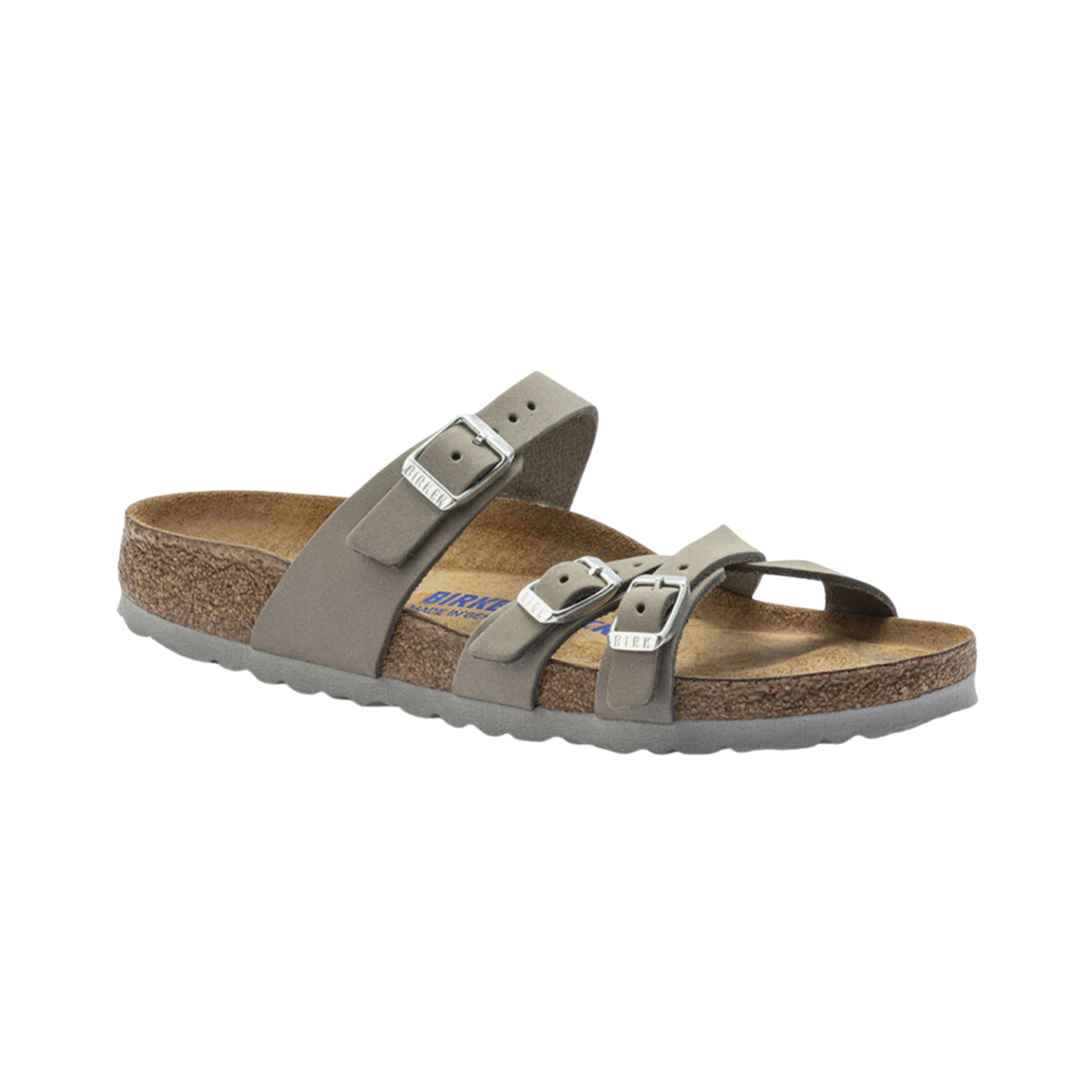 Birkenstock Women’s Franca Soft Footbed in Dove Grey Nubuck Leather featuring a premium nubuck leather upper in a soft neutral grey tone, elegant crisscross strap design with adjustable metal buckles, cushioned Soft Footbed with added foam layer, anatomically shaped cork-latex footbed, and lightweight EVA outsole designed for feminine style, everyday comfort, and reliable support.