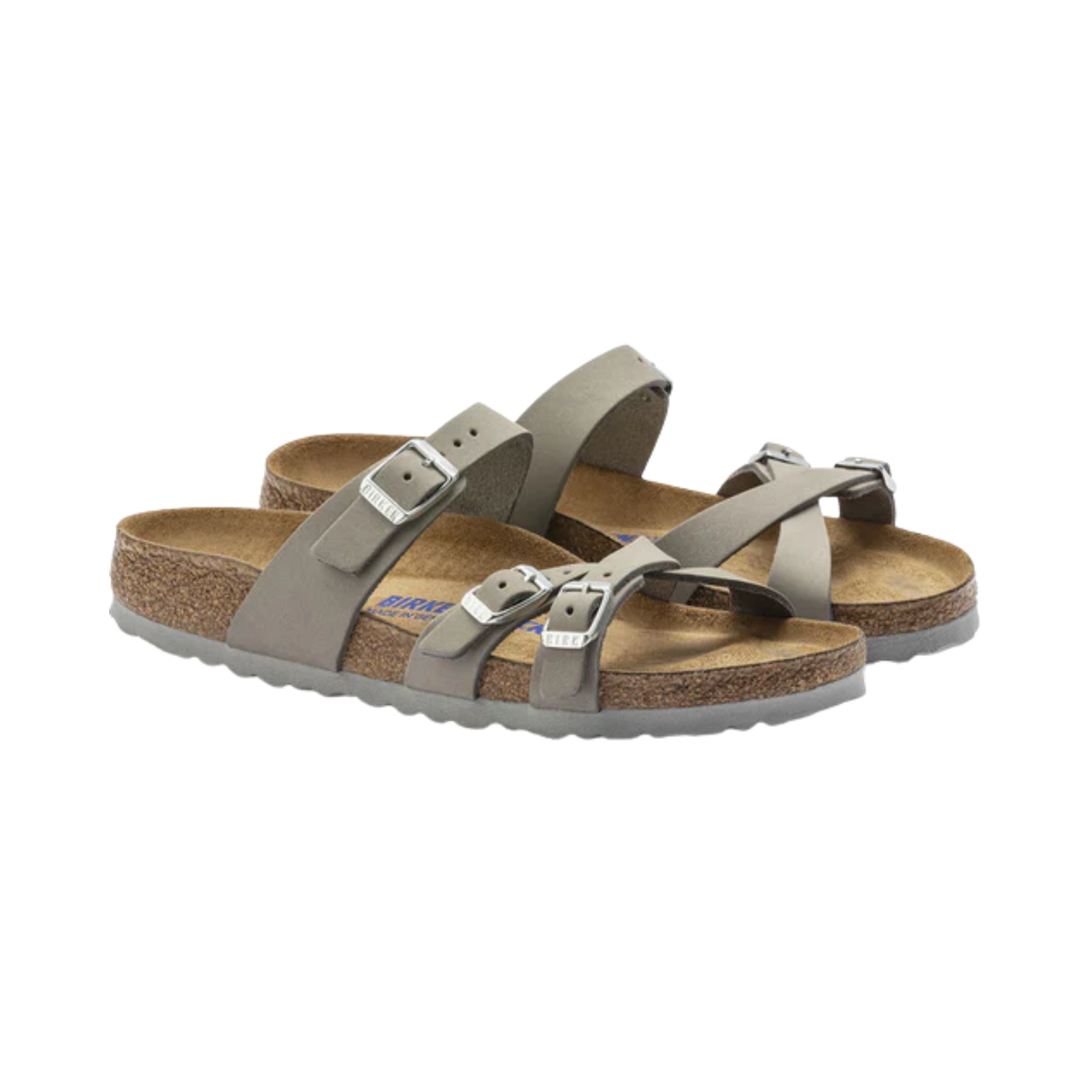 Birkenstock Women’s Franca Soft Footbed in Dove Grey Nubuck Leather featuring a premium nubuck leather upper in a soft neutral grey tone, elegant crisscross strap design with adjustable metal buckles, cushioned Soft Footbed with added foam layer, anatomically shaped cork-latex footbed, and lightweight EVA outsole designed for feminine style, everyday comfort, and reliable support.