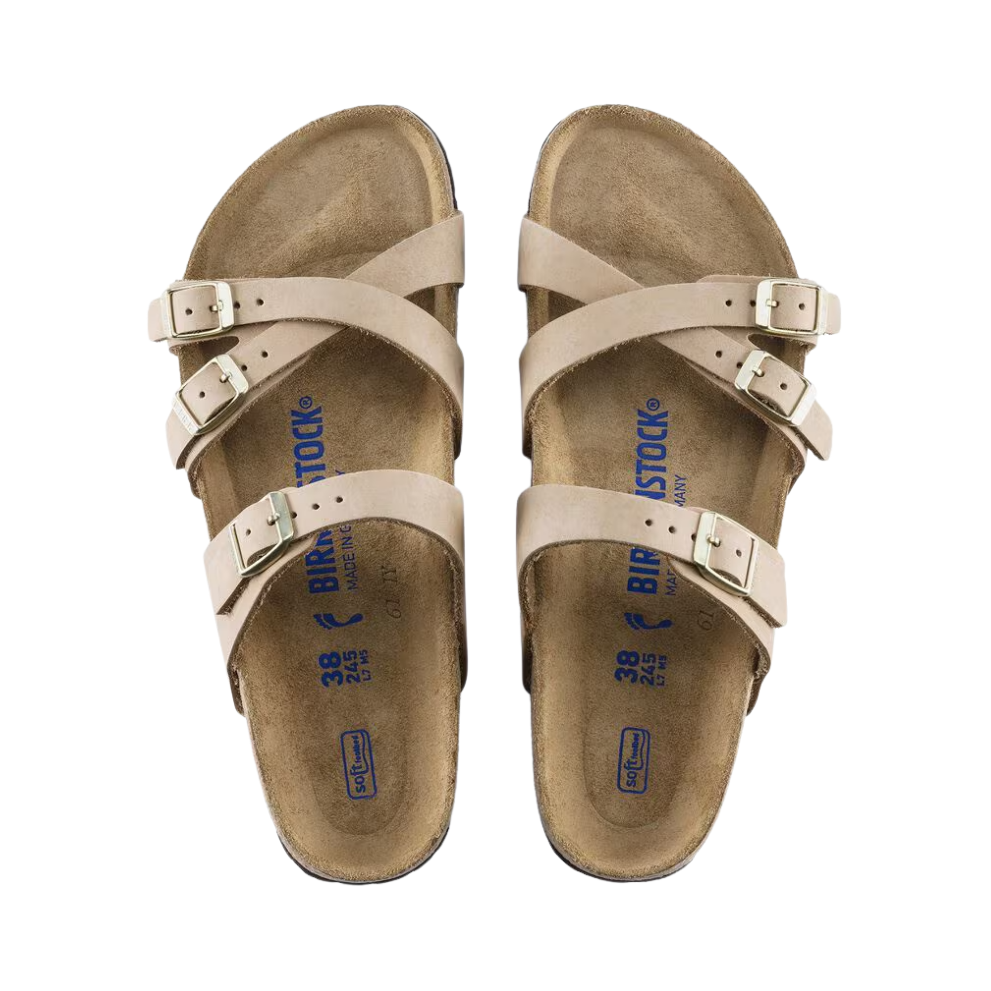 Top view of the Birkenstock Women’s Franca Soft Footbed in Sandcastle Nubuck Leather displaying the premium nubuck leather crisscross straps, adjustable metal buckles, breathable suede footbed lining, anatomically shaped cork-latex Soft Footbed with arch support and heel cushioning, and lightweight EVA outsole designed for flexibility, traction, and support for conditions such as plantar fasciitis, flat feet, metatarsalgia, overpronation, heel spurs, and general foot fatigue.