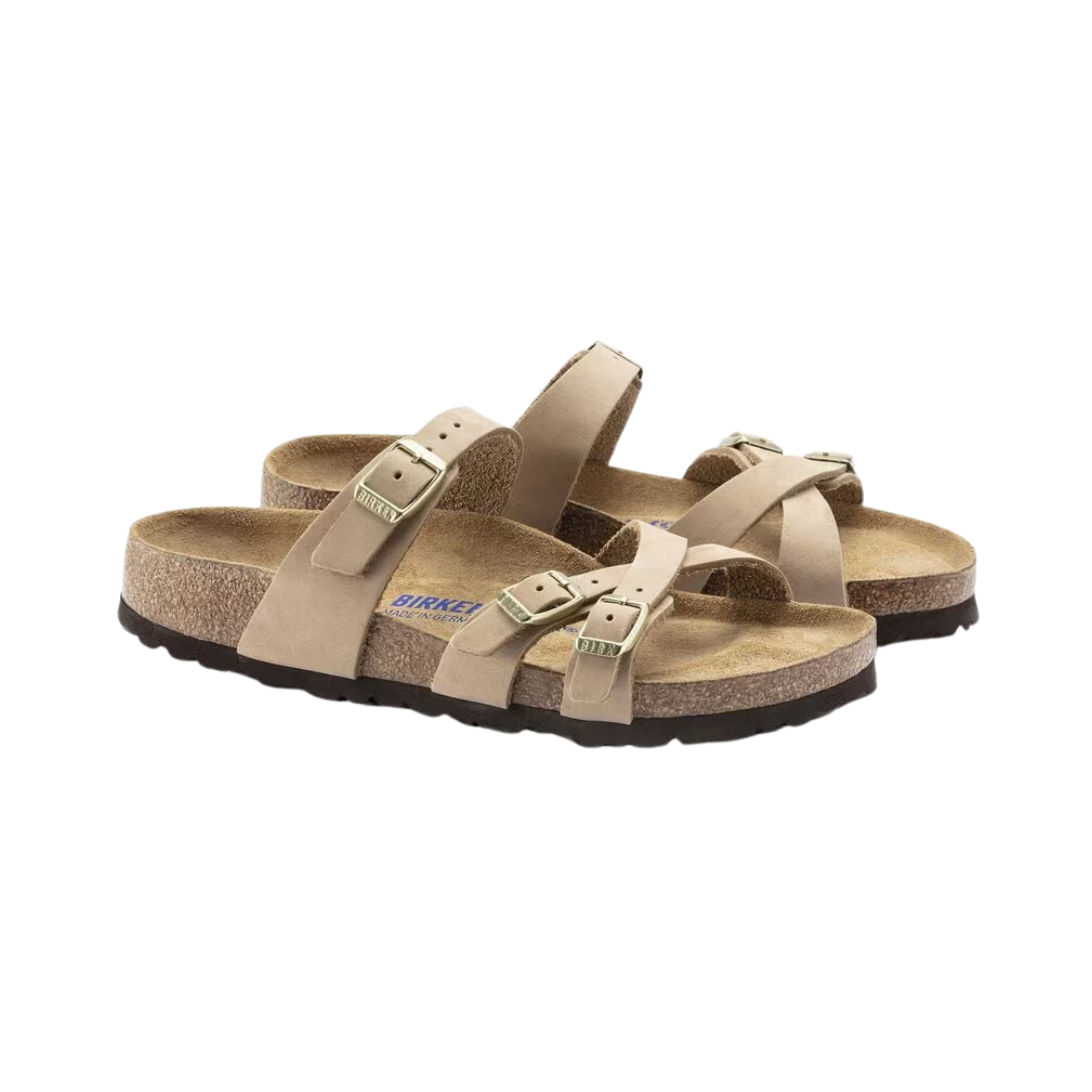 Birkenstock Women’s Franca Soft Footbed in Sandcastle Nubuck Leather featuring a premium nubuck leather upper in a soft neutral grey tone, elegant crisscross strap design with adjustable metal buckles, cushioned Soft Footbed with added foam layer, anatomically shaped cork-latex footbed, and lightweight EVA outsole designed for feminine style, everyday comfort, and reliable support.