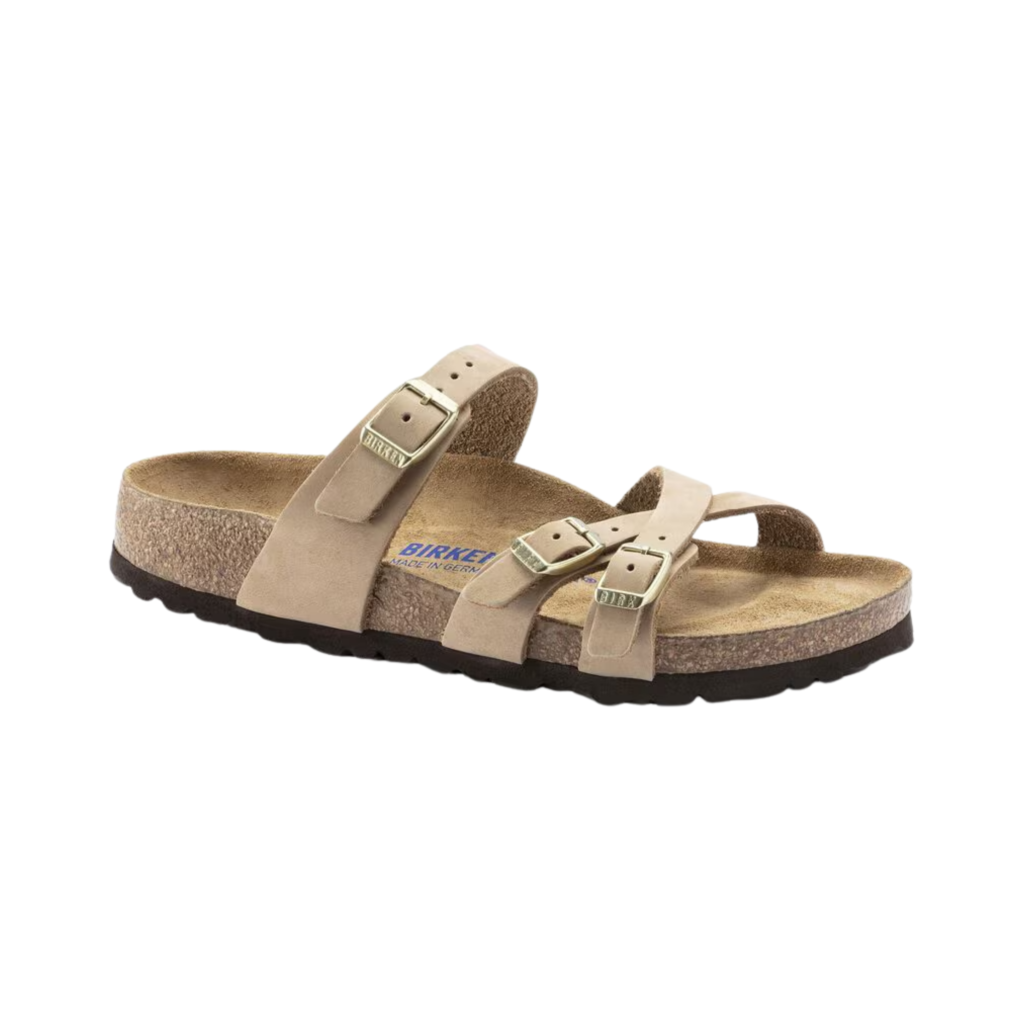 Birkenstock Women’s Franca Soft Footbed in Sandcastle Nubuck Leather featuring a premium nubuck leather upper in a soft neutral grey tone, elegant crisscross strap design with adjustable metal buckles, cushioned Soft Footbed with added foam layer, anatomically shaped cork-latex footbed, and lightweight EVA outsole designed for feminine style, everyday comfort, and reliable support.
