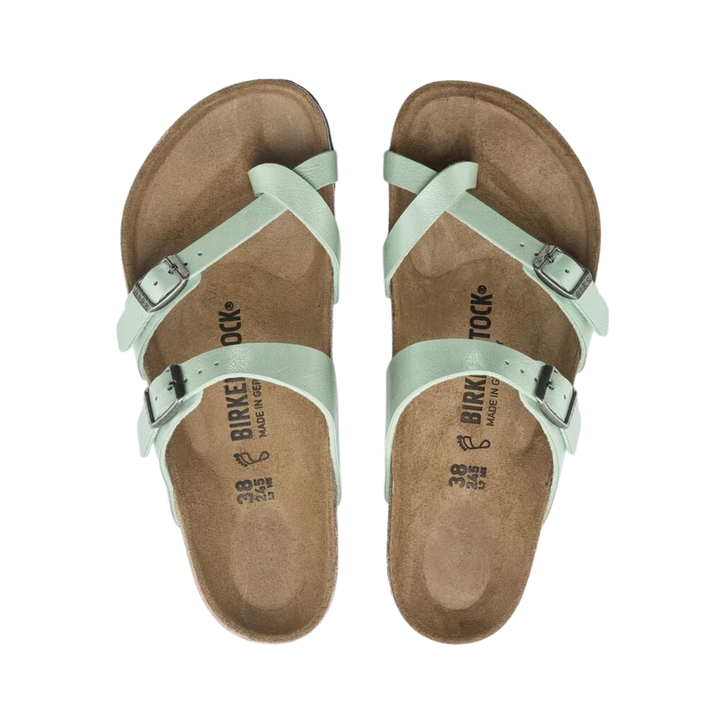 Top view of the Birkenstock Mayari in Graceful Matcha Birko-Flor displaying the metallic Birko-Flor upper, elegant toe-loop construction, adjustable crisscross straps, anatomically shaped cork-latex footbed with arch support and heel stabilization, and lightweight EVA outsole designed for flexibility, traction, and support for conditions such as plantar fasciitis, flat feet, metatarsalgia, heel spurs, overpronation, and general foot fatigue.