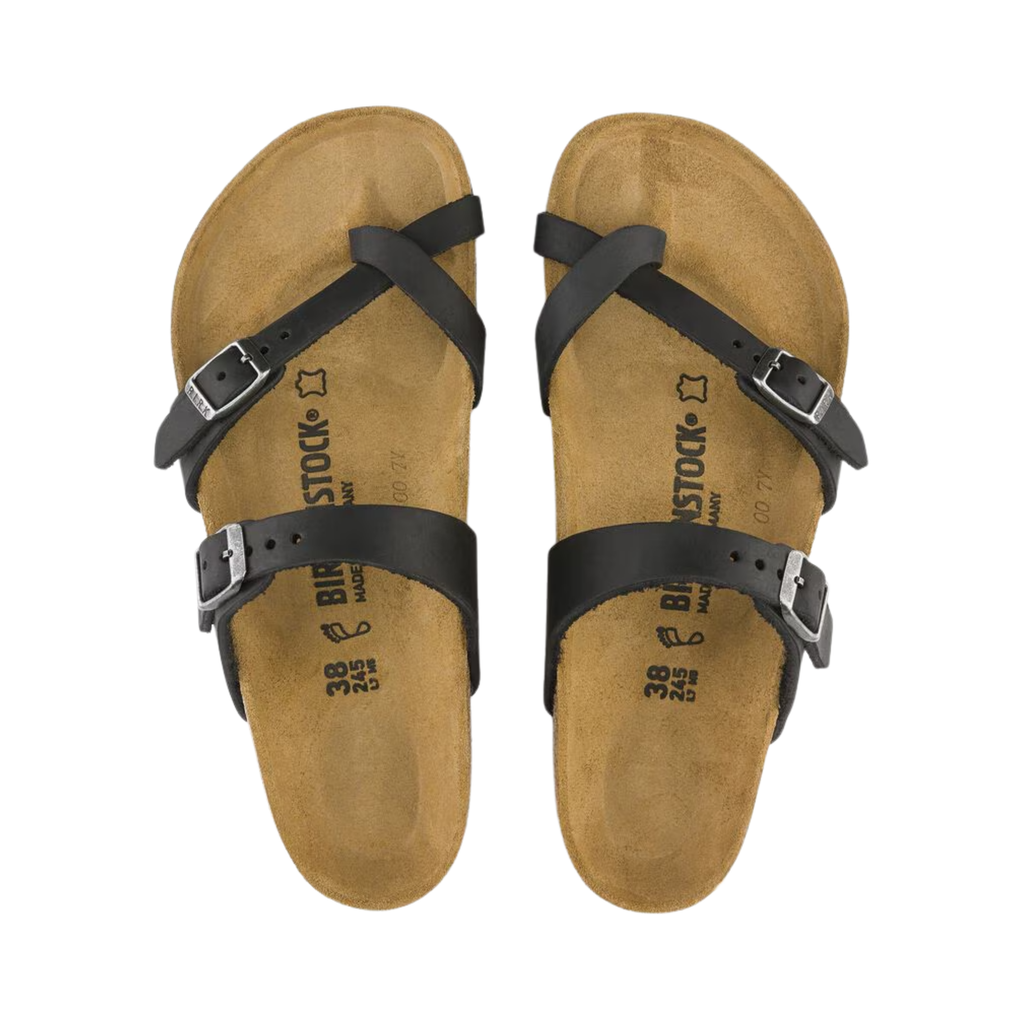 Top view of the Birkenstock Women’s Mayari in Black Oiled Leather displaying the premium oiled leather upper, elegant toe-loop construction, adjustable crisscross straps with metal buckles, anatomically shaped cork-latex footbed with arch support, deep heel cup, and raised toe bar, along with the lightweight EVA outsole designed for flexibility, traction, and support for conditions such as plantar fasciitis, flat feet, metatarsalgia, bunions, hammertoes, overpronation, and general foot fatigue.
