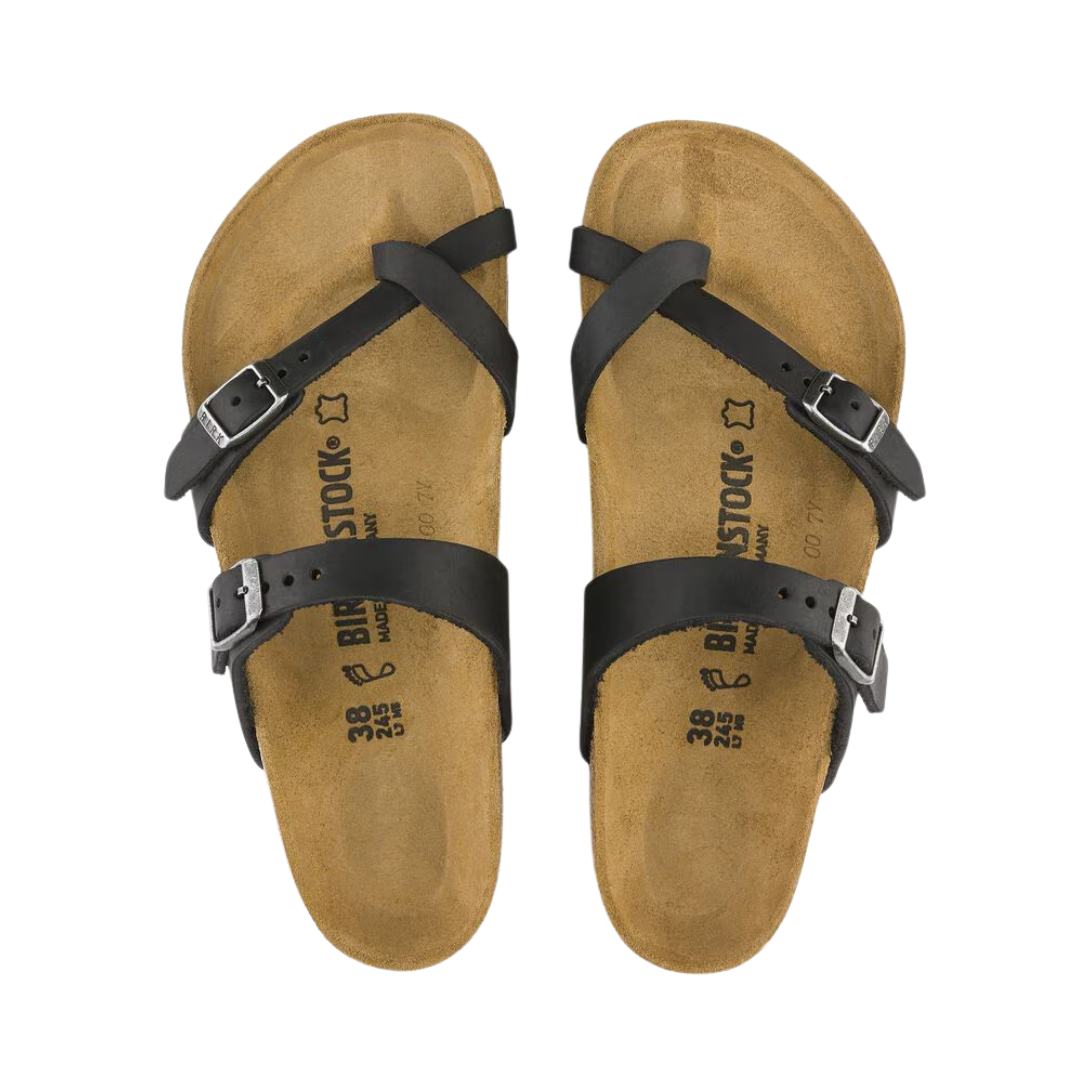 Top view of the Birkenstock Women’s Mayari in Black Oiled Leather displaying the premium oiled leather upper, elegant toe-loop construction, adjustable crisscross straps with metal buckles, anatomically shaped cork-latex footbed with arch support, deep heel cup, and raised toe bar, along with the lightweight EVA outsole designed for flexibility, traction, and support for conditions such as plantar fasciitis, flat feet, metatarsalgia, bunions, hammertoes, overpronation, and general foot fatigue.