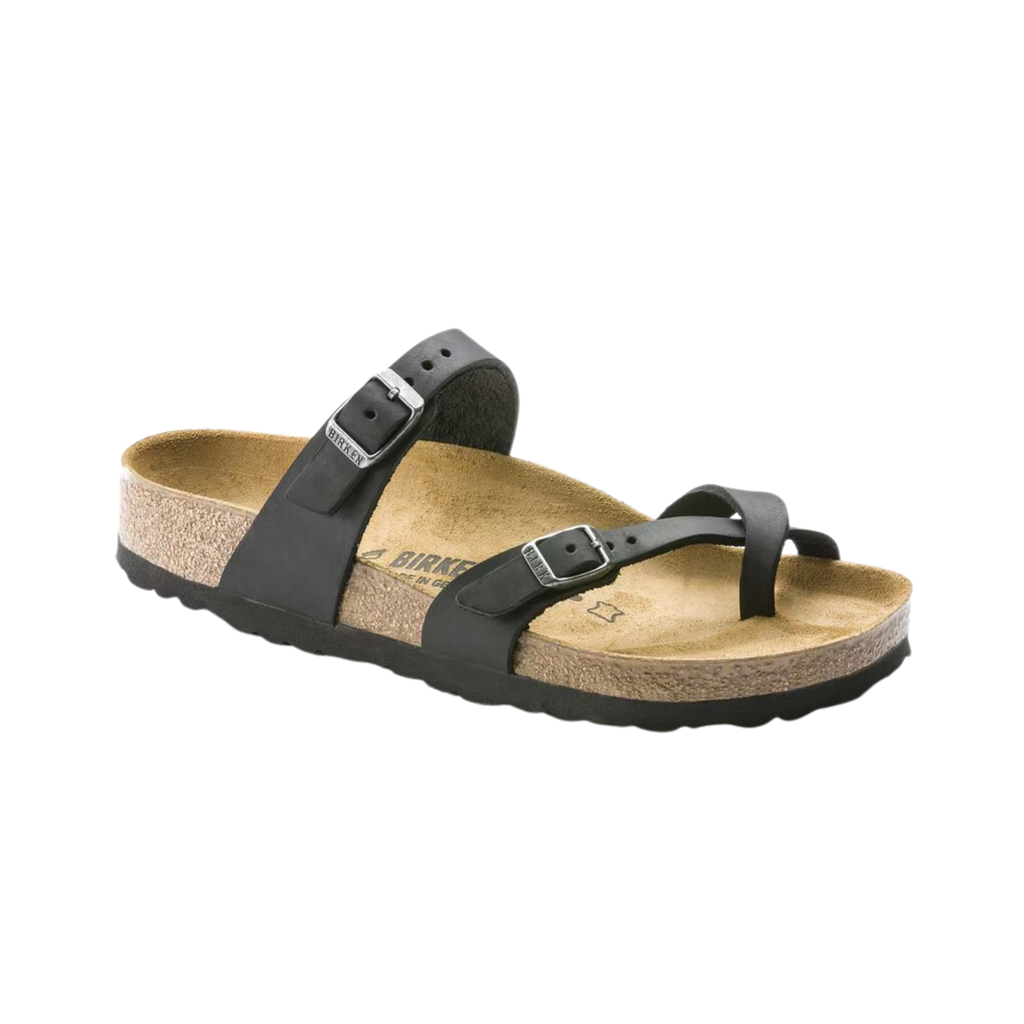 Birkenstock Women’s Mayari in Black Oiled Leather featuring a premium oiled leather upper in a timeless black finish, elegant toe-loop design with crisscross adjustable straps, anatomically shaped cork-latex footbed, and lightweight EVA outsole designed for feminine style, personalized comfort, and everyday support.