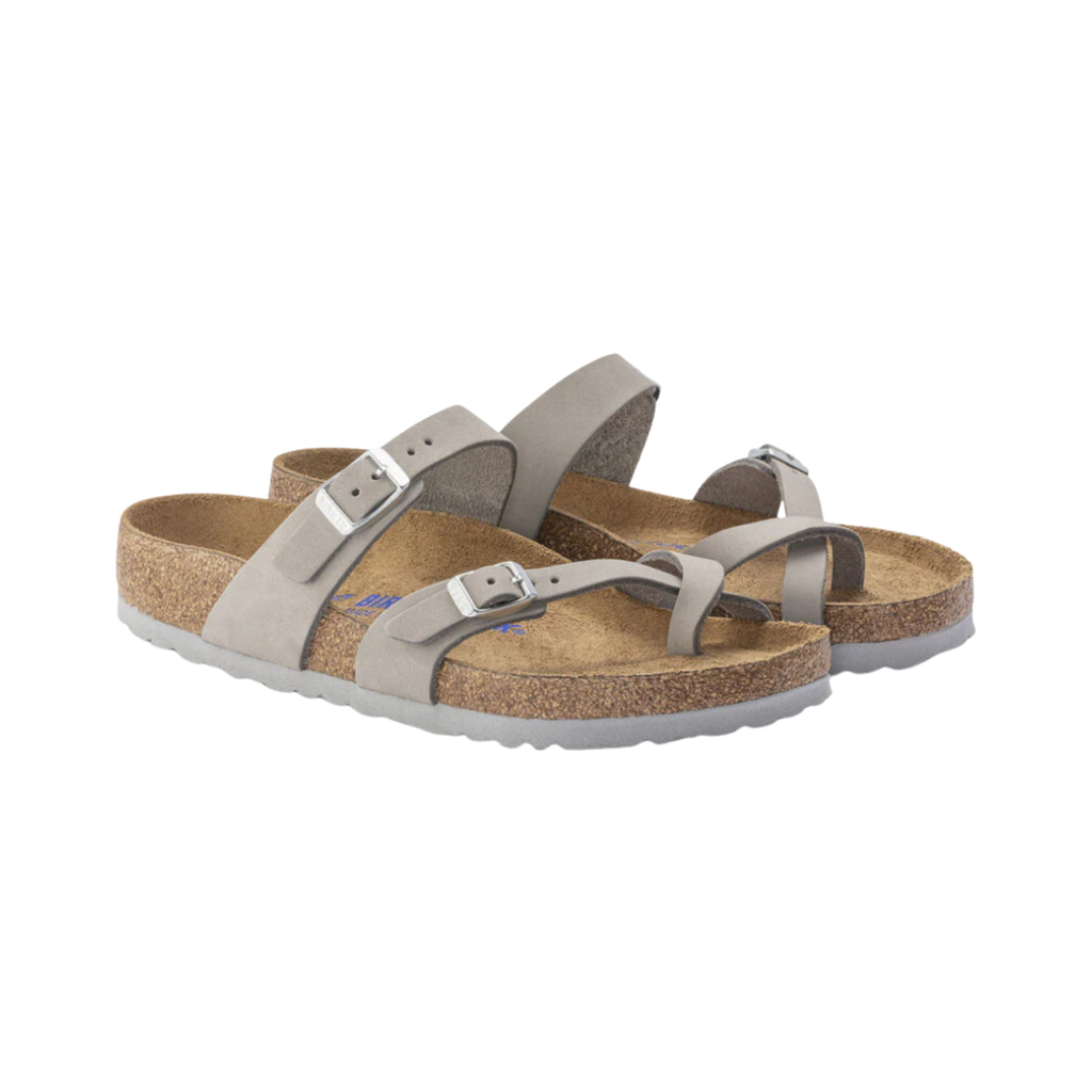 Birkenstock Women’s Mayari Soft Footbed in Dove Grey Nubuck Leather featuring a premium nubuck leather upper in a soft neutral grey tone, elegant toe-loop design with adjustable metal buckle straps, cushioned Soft Footbed with added foam layer, anatomically shaped cork-latex footbed, and lightweight EVA outsole designed for refined style, personalized comfort, and everyday support.