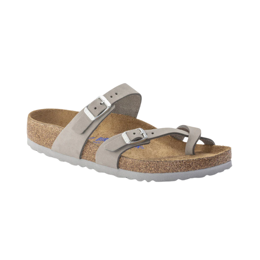 Birkenstock Women’s Mayari Soft Footbed in Dove Grey Nubuck Leather featuring a premium nubuck leather upper in a soft neutral grey tone, elegant toe-loop design with adjustable metal buckle straps, cushioned Soft Footbed with added foam layer, anatomically shaped cork-latex footbed, and lightweight EVA outsole designed for refined style, personalized comfort, and everyday support.
