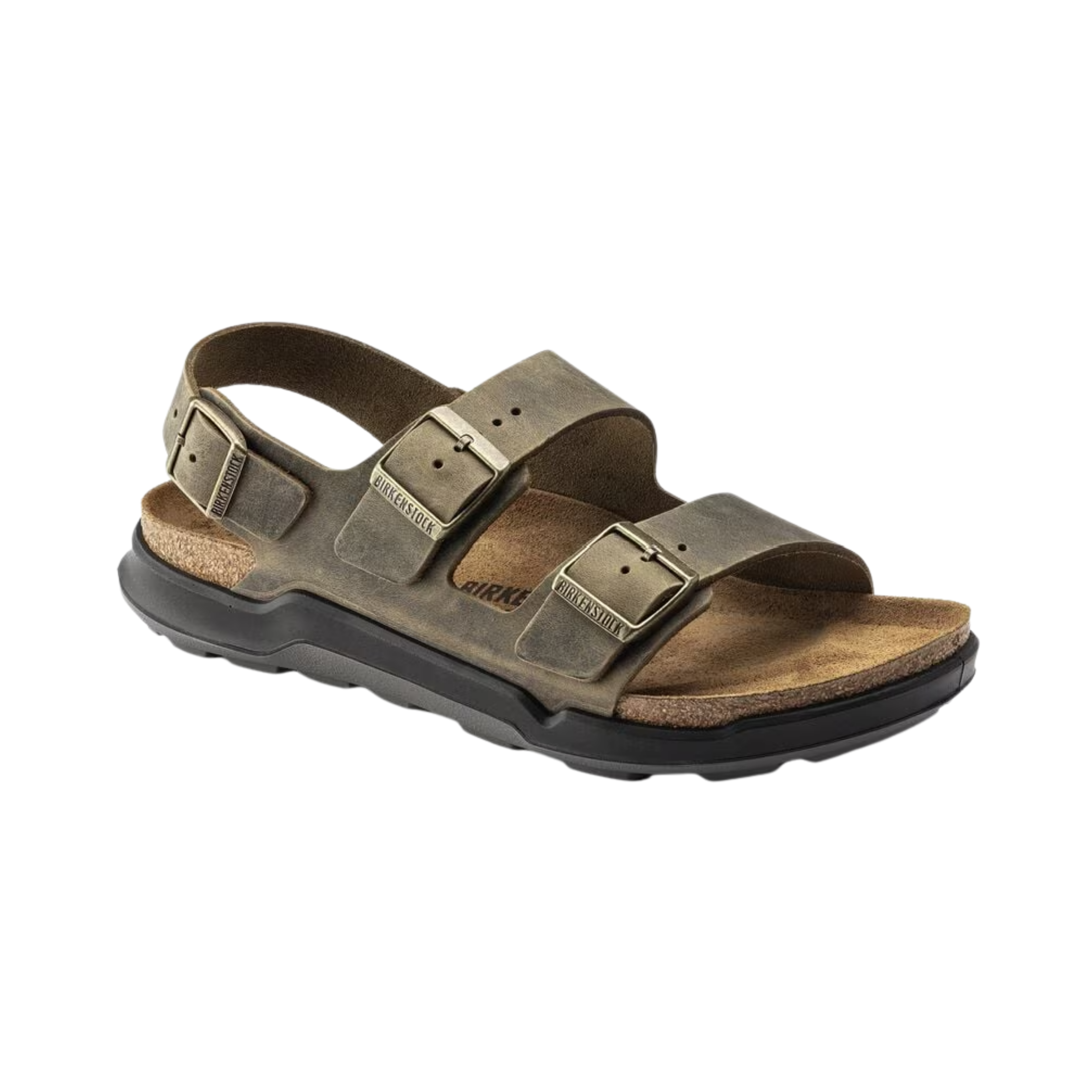 Birkenstock Men’s Milano Rugged in Faded Khaki Oiled Leather featuring a durable oiled leather upper, three-strap design with adjustable metal pin buckles, supportive backstrap, anatomically shaped cork-latex footbed, and rugged EVA outsole designed for stability, comfort, and reliable performance during active wear.