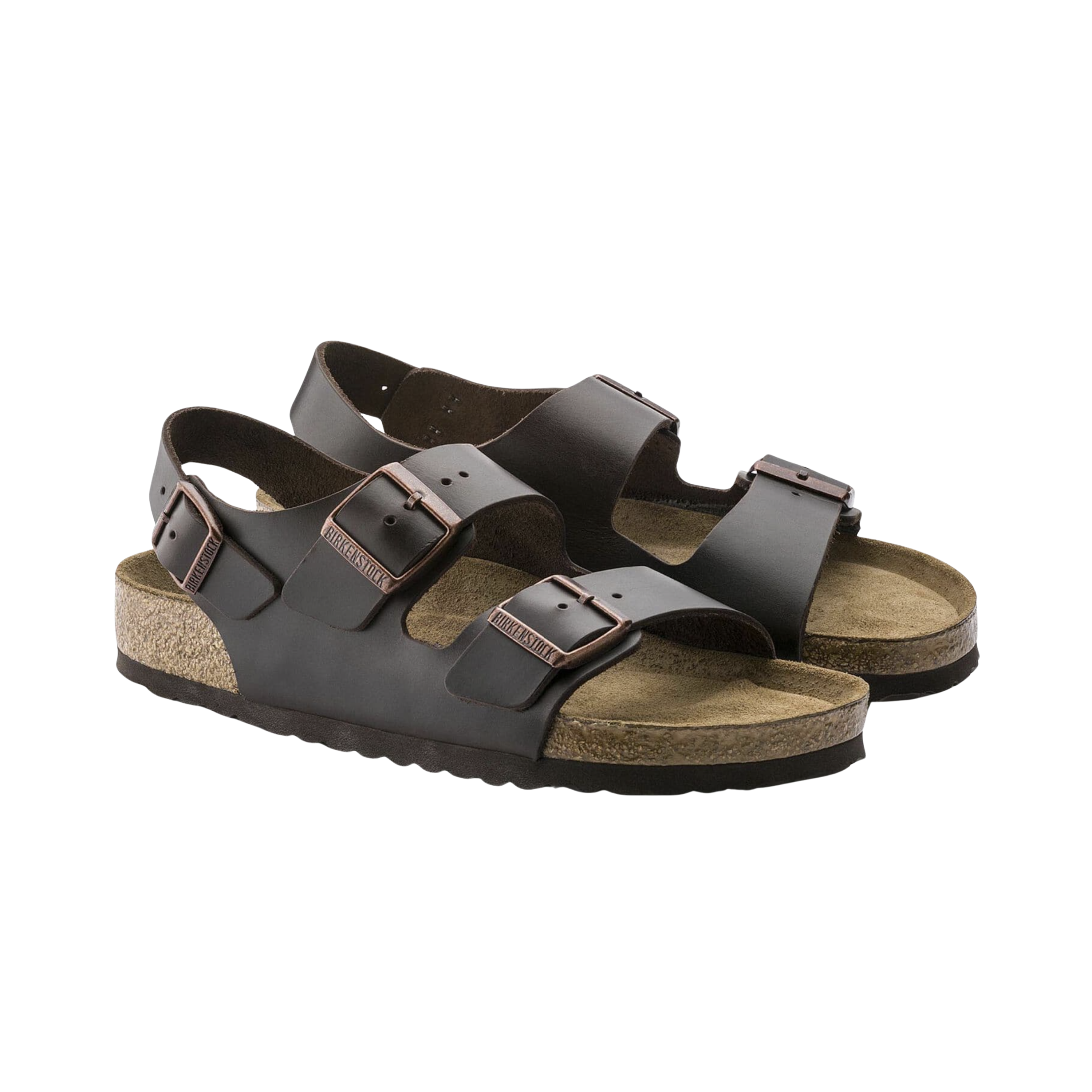 Side view of the Birkenstock Men’s Milano Soft Footbed in Amalfi Testa Di Moro Brown Smooth Leather, showing the premium smooth leather upper, three adjustable buckle straps, and contoured cork-latex soft footbed for supportive all-day wear.