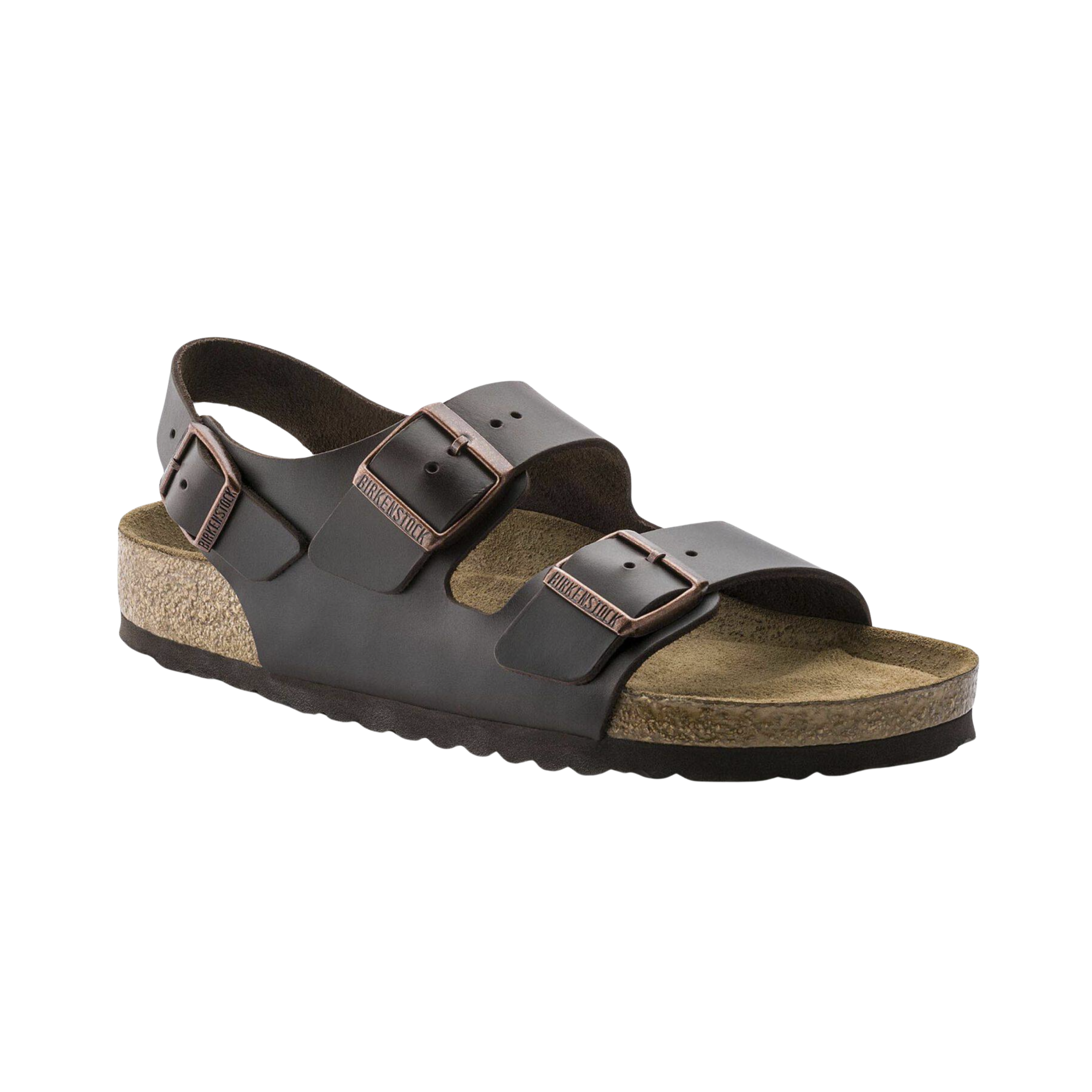 Side view of the Birkenstock Men’s Milano Soft Footbed in Amalfi Testa Di Moro Brown Smooth Leather, showing the premium smooth leather upper, three adjustable buckle straps, and contoured cork-latex soft footbed for supportive all-day wear.