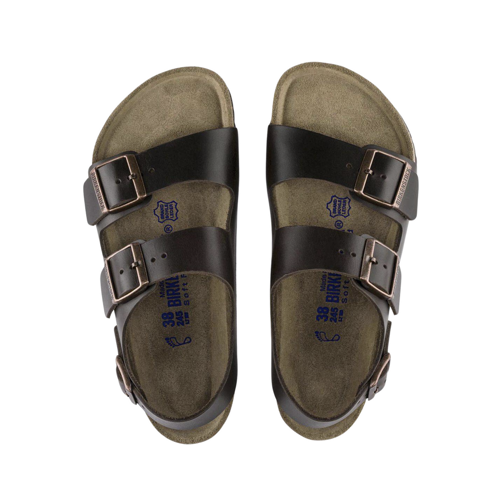 Top view of the Birkenstock Men’s Milano Soft Footbed in Amalfi Testa Di Moro Brown Smooth Leather, showing the soft footbed cushioning layer, suede-lined cork-latex support, and adjustable buckle straps across the forefoot and instep.