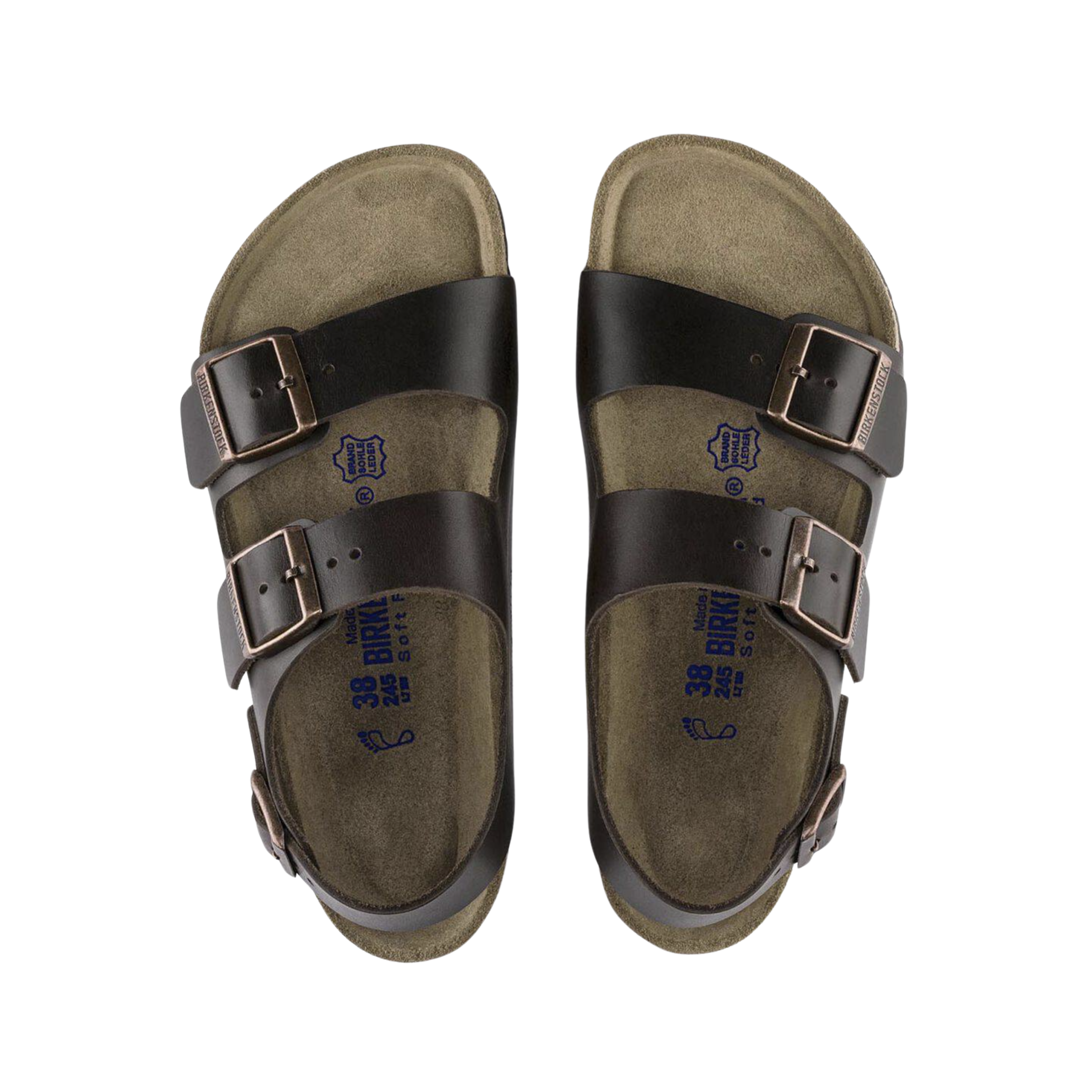 Top view of the Birkenstock Men’s Milano Soft Footbed in Amalfi Testa Di Moro Brown Smooth Leather, showing the soft footbed cushioning layer, suede-lined cork-latex support, and adjustable buckle straps across the forefoot and instep.