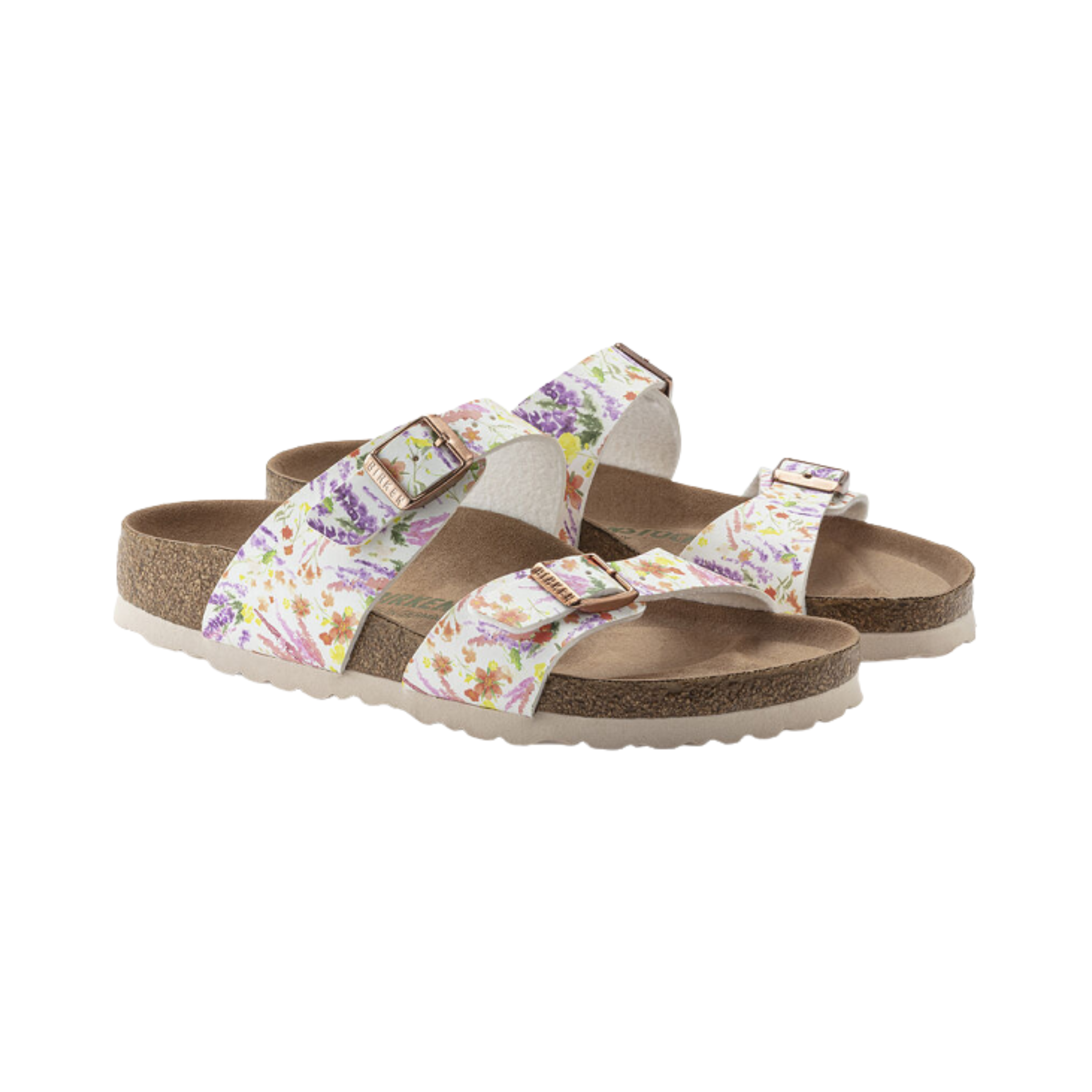 Birkenstock Women’s Sydney Vegan in Summer Floral Rose Birko-Flor featuring a vegan-friendly Birko-Flor upper with a vibrant floral pattern, elegant double-strap design with adjustable buckles, anatomically shaped cork-latex footbed, soft suede lining, and lightweight EVA outsole designed for sustainable style, everyday comfort, and reliable support.
