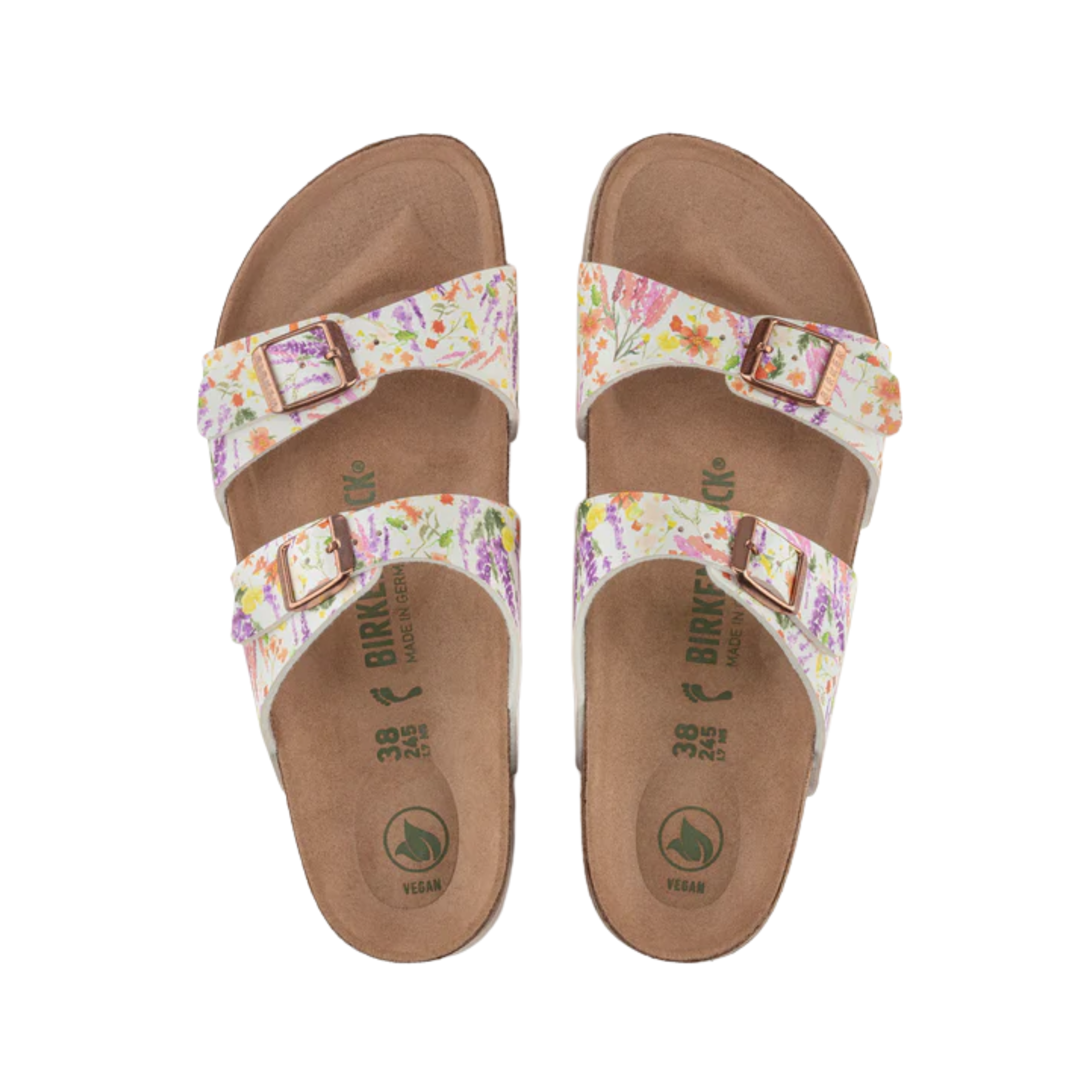 Top view of the Birkenstock Women’s Sydney Vegan in Summer Floral Rose Birko-Flor displaying the vibrant floral Birko-Flor upper, adjustable double buckle straps, breathable suede footbed lining, anatomically shaped cork-latex footbed with arch support and heel stabilization, and lightweight EVA outsole designed for flexibility, traction, and support for conditions such as plantar fasciitis, flat feet, overpronation, heel spurs, metatarsalgia, and general foot fatigue.