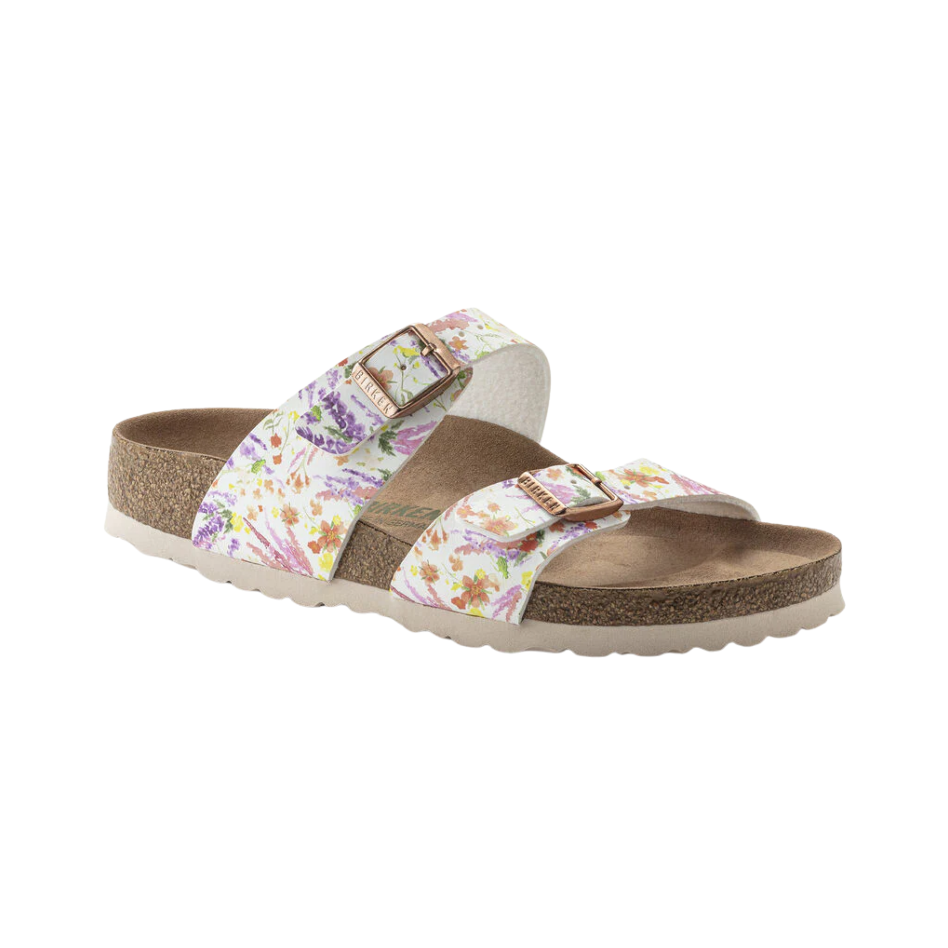 Birkenstock Women’s Sydney Vegan in Summer Floral Rose Birko-Flor featuring a vegan-friendly Birko-Flor upper with a vibrant floral pattern, elegant double-strap design with adjustable buckles, anatomically shaped cork-latex footbed, soft suede lining, and lightweight EVA outsole designed for sustainable style, everyday comfort, and reliable support.
