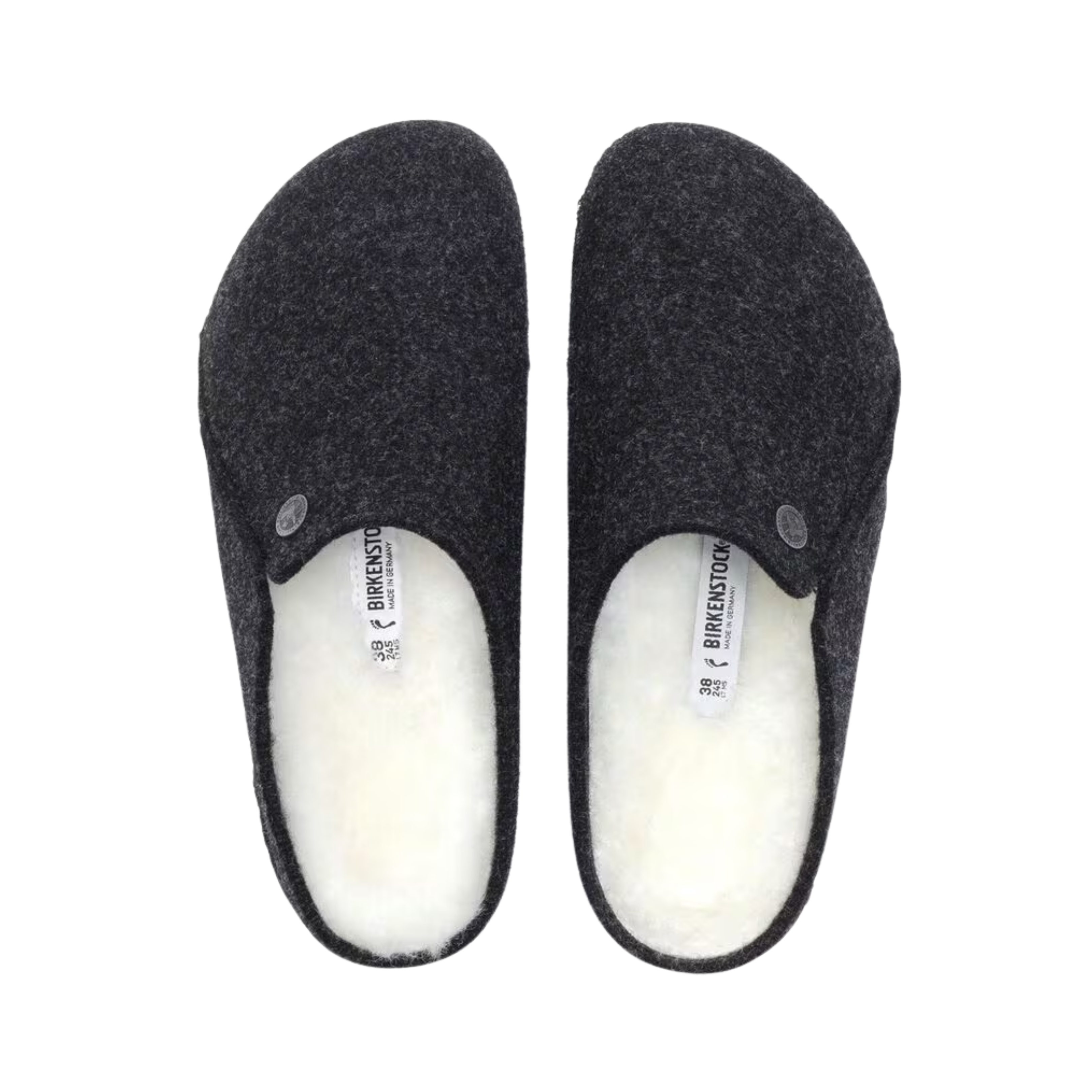 Top view of the Birkenstock Men’s Zermatt Shearling Slipper in Anthracite Wool Felt displaying the premium wool felt upper, genuine shearling lining, easy slip-on entry, anatomical cork-latex footbed with arch and heel support, and durable rubber outsole designed for warmth, traction, flexibility, and support for conditions such as plantar fasciitis, arthritis, flat feet, high arches, heel spurs, cold sensitivity, bunions, hammertoes, and general foot fatigue.