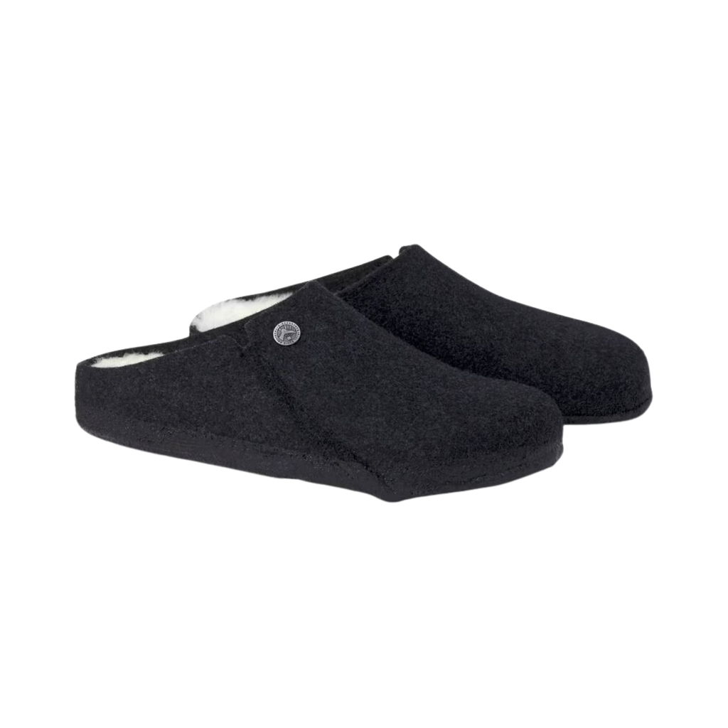 Birkenstock Men’s Zermatt Shearling Slipper in Anthracite Wool Felt featuring a premium wool felt upper, easy slip-on design, genuine shearling lining, anatomical cork-latex footbed, and durable rubber outsole designed for cozy warmth, everyday comfort, and supportive indoor or light outdoor wear.