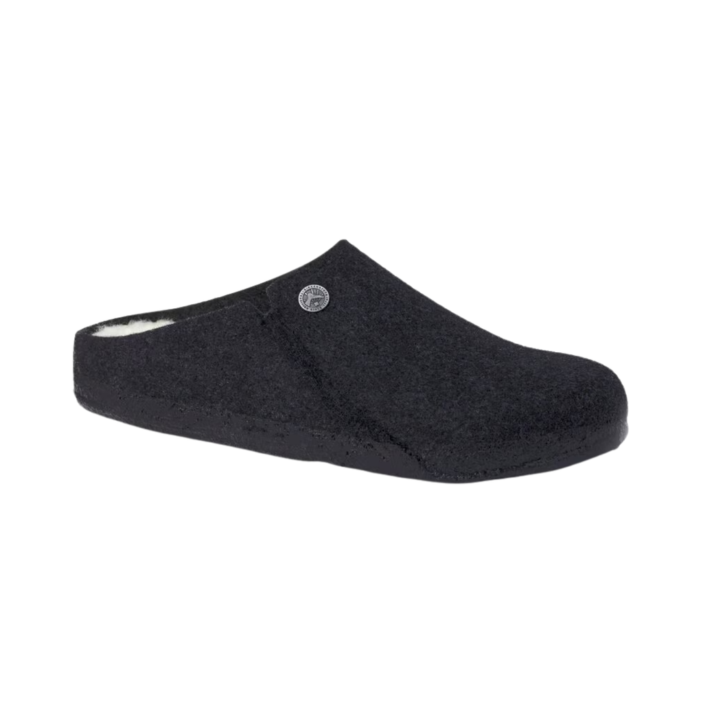 Birkenstock Men’s Zermatt Shearling Slipper in Anthracite Wool Felt featuring a premium wool felt upper, easy slip-on design, genuine shearling lining, anatomical cork-latex footbed, and durable rubber outsole designed for cozy warmth, everyday comfort, and supportive indoor or light outdoor wear.